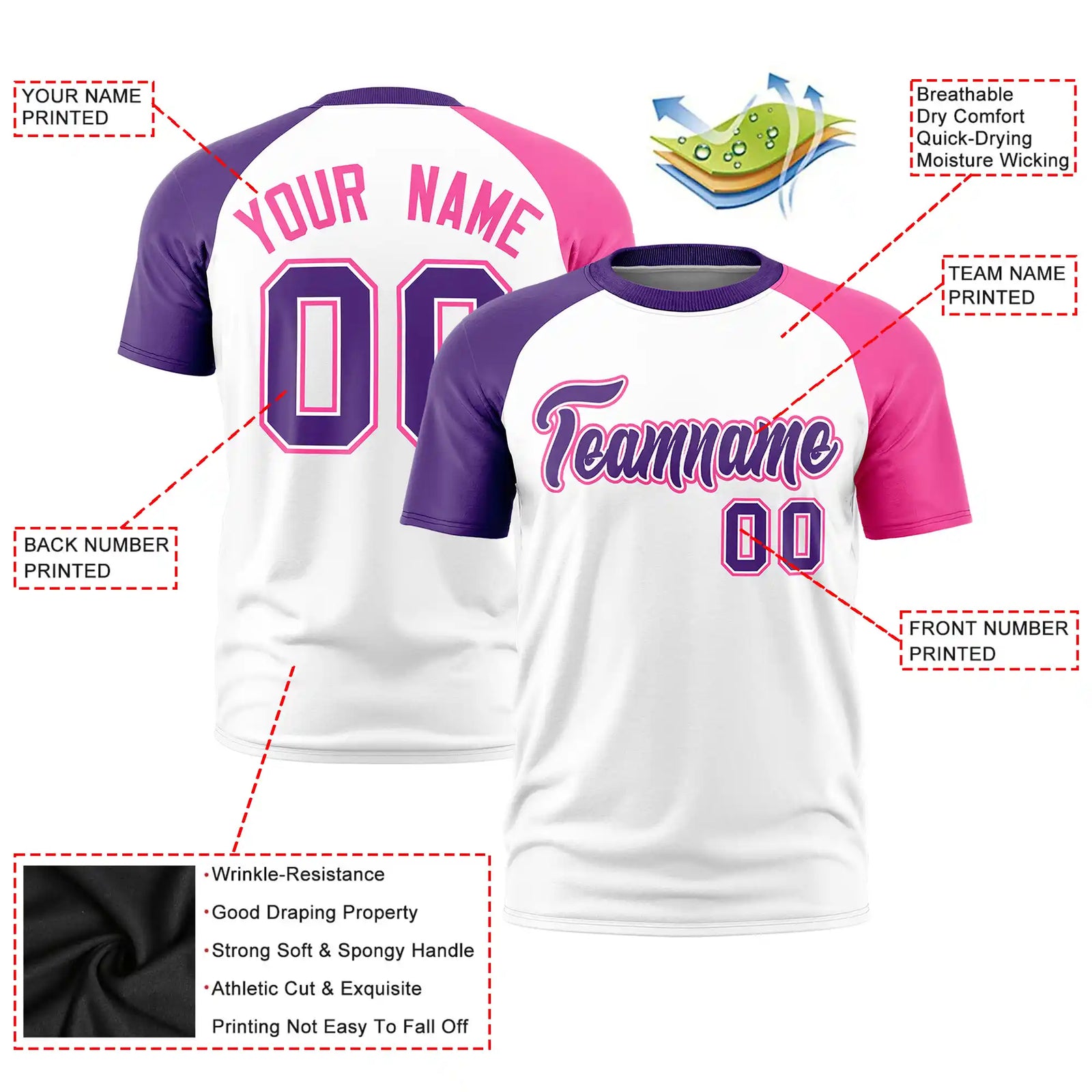 Custom White Purple-Pink Crew Neck Two Tone Sleeve Design Performance T-Shirt