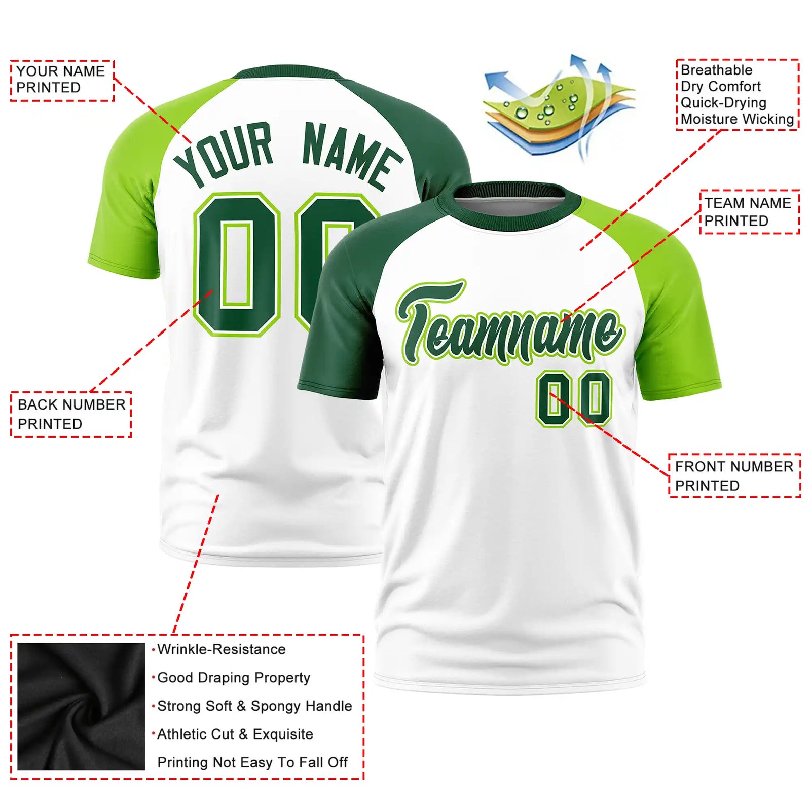 Custom White Green-Neon Green Crew Neck Two Tone Sleeve Design Performance T-Shirt