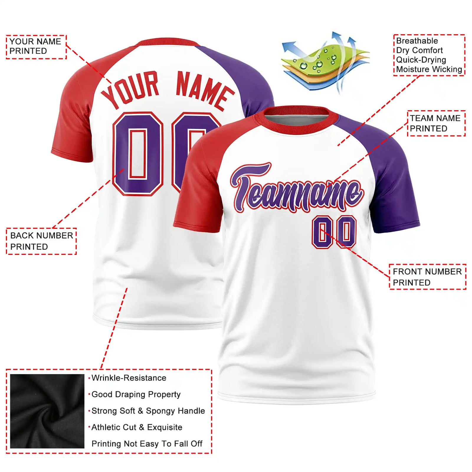 Custom White Red-Purple Crew Neck Two Tone Sleeve Design Performance T-Shirt