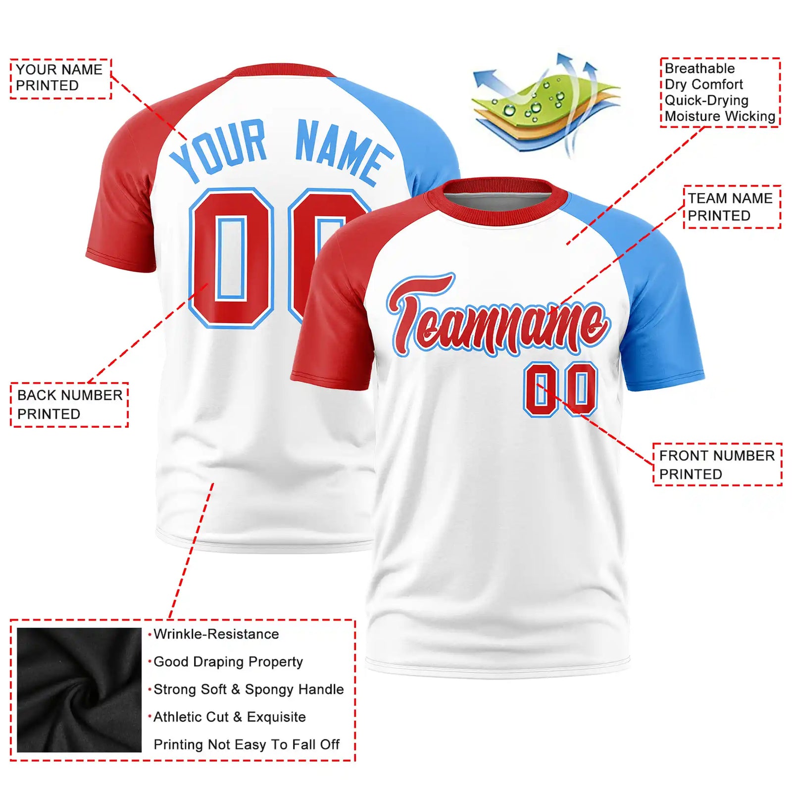 Custom White Red-Powder Blue Crew Neck Two Tone Sleeve Design Performance T-Shirt