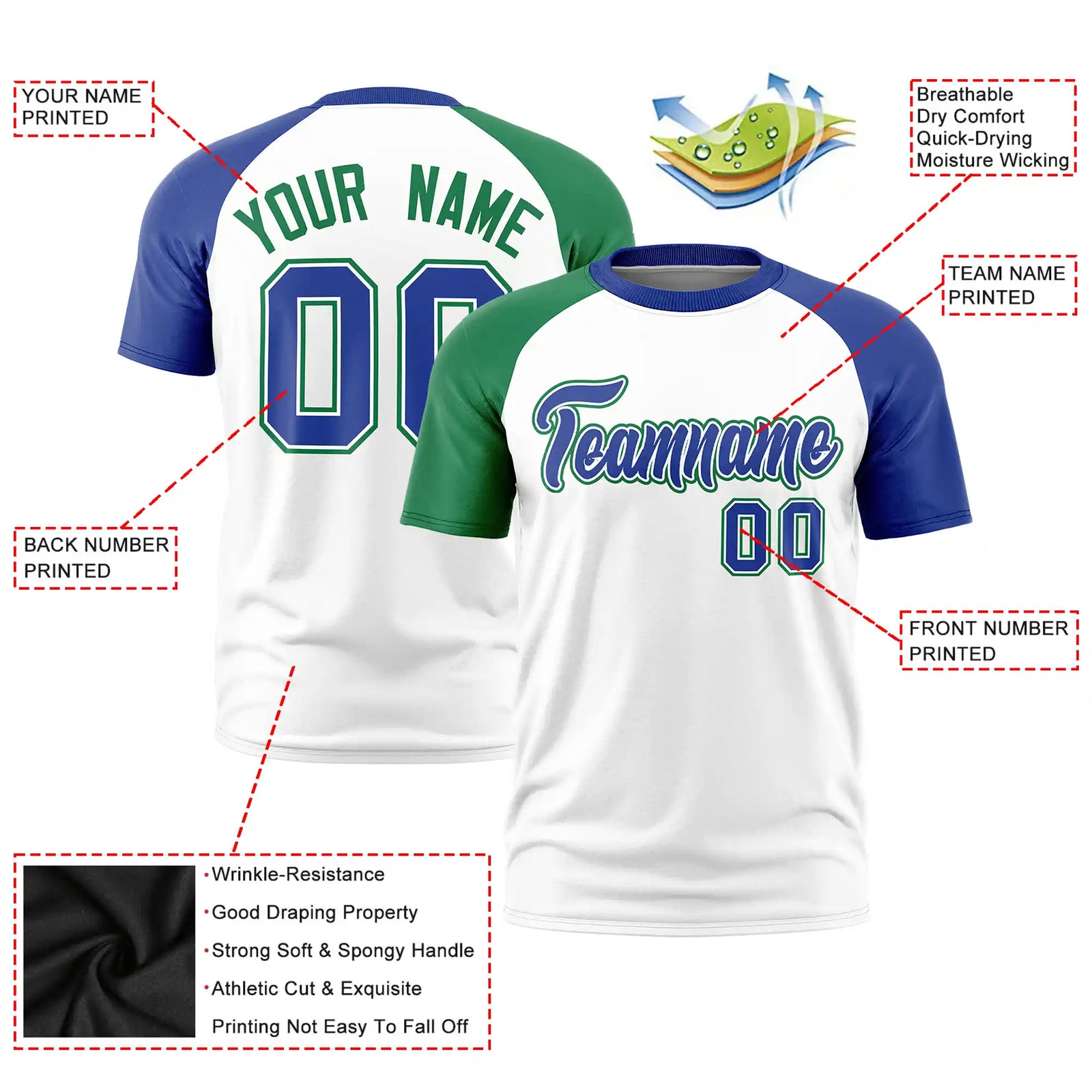 Custom White Kelly Green-Royal Blue Crew Neck Two Tone Sleeve Design Performance T-Shirt