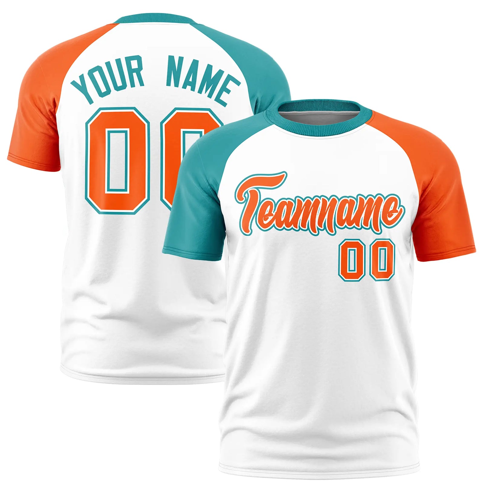 Custom White Aqua-Orange Crew Neck Two Tone Sleeve Design Performance T-Shirt