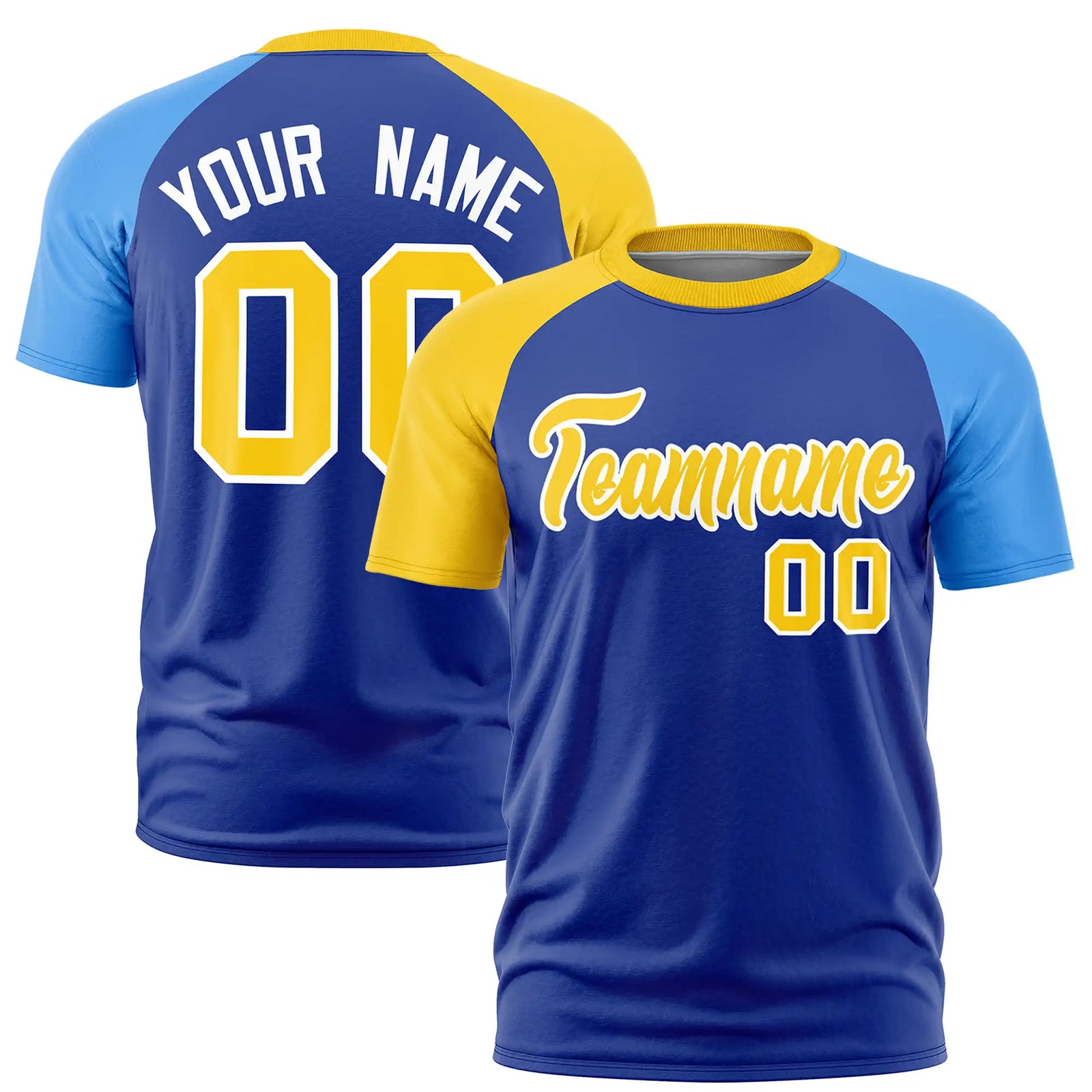 Custom Royal Blue Gold01-Powder Blue Crew Neck Two Tone Sleeve Design Performance T-Shirt