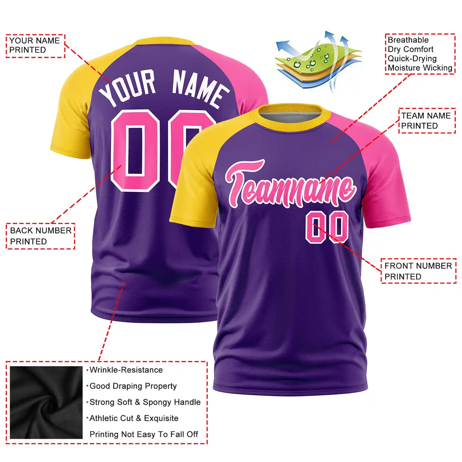 Custom Purple Gold01-Pink Crew Neck Two Tone Sleeve Design Performance T-Shirt