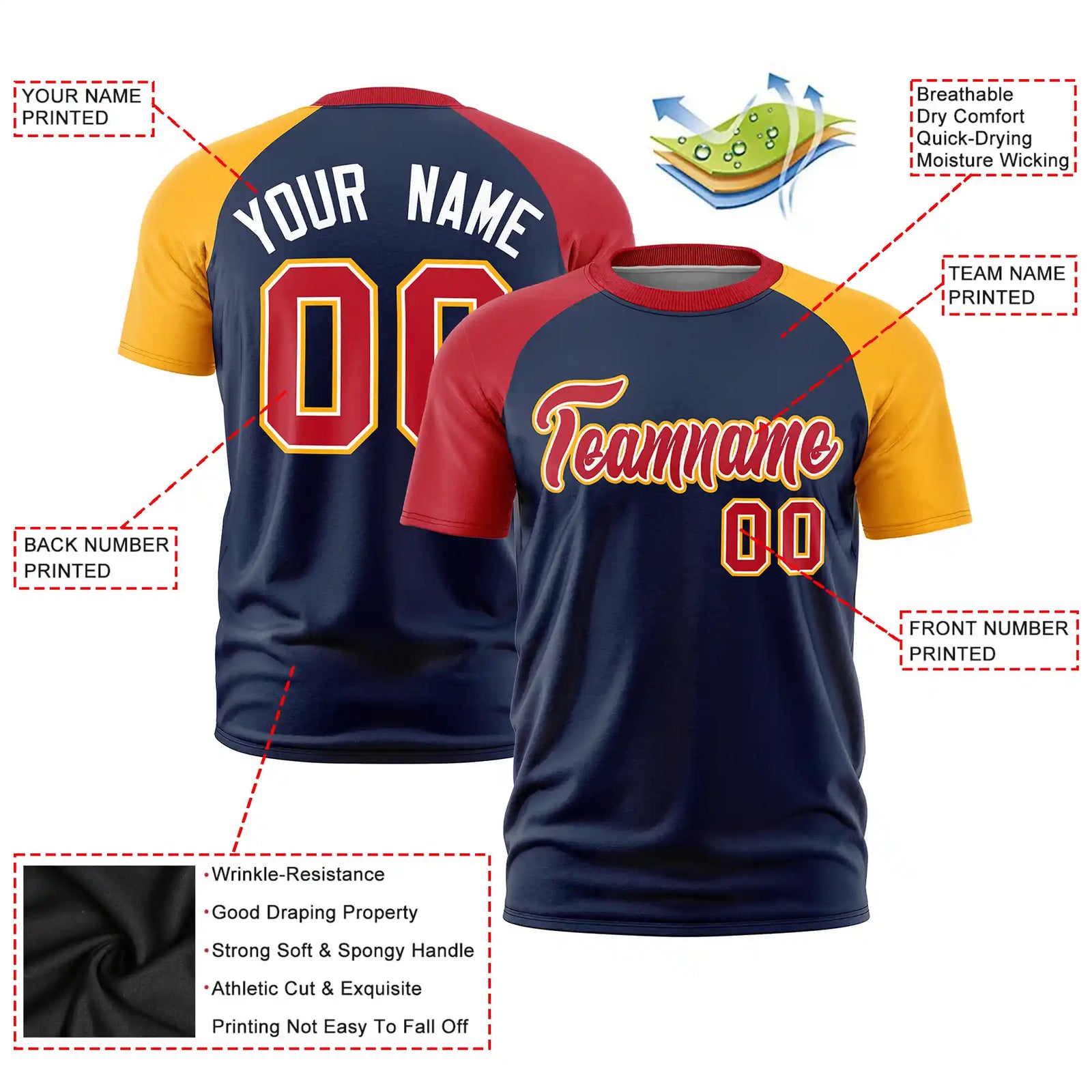 Custom Navy Red-Gold01 Crew Neck Two Tone Sleeve Design Performance T-Shirt