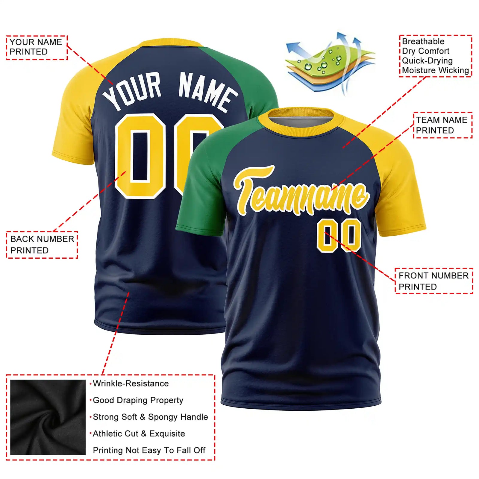 Custom Navy Kelly Green-Gold01 Crew Neck Two Tone Sleeve Design Performance T-Shirt