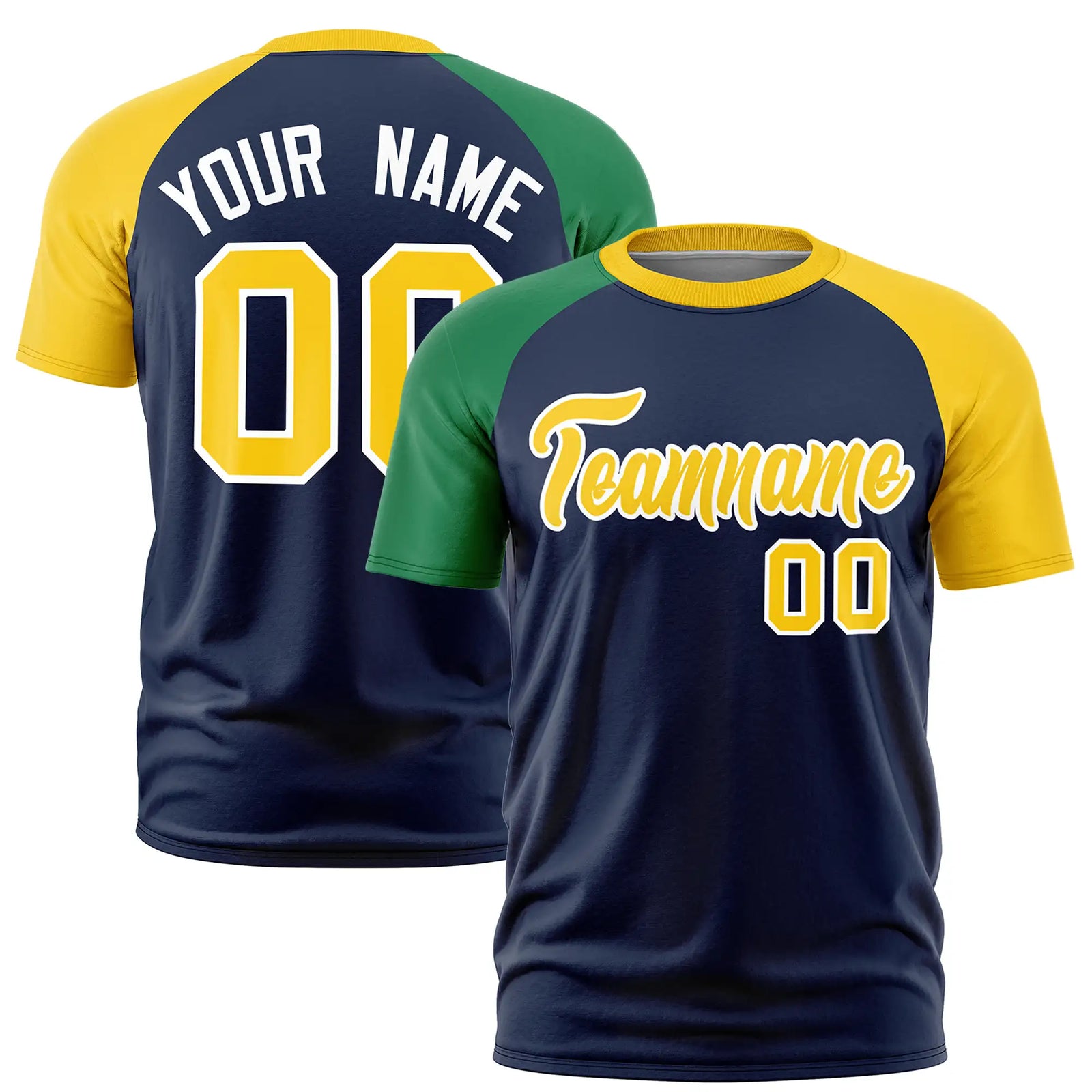 Custom Navy Kelly Green-Gold01 Crew Neck Two Tone Sleeve Design Performance T-Shirt