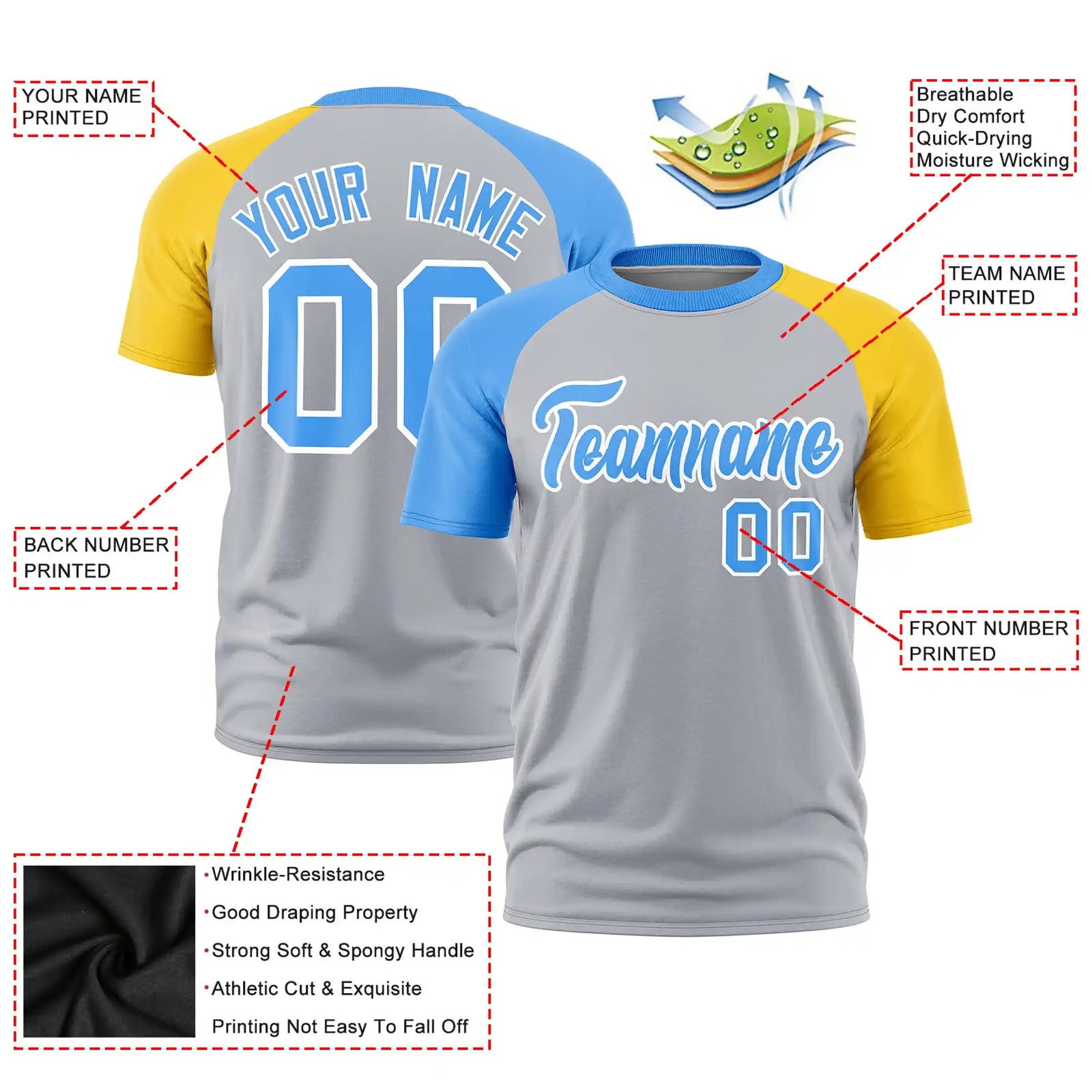 Custom Gray Powder Blue-Gold01 Crew Neck Two Tone Sleeve Design Performance T-Shirt