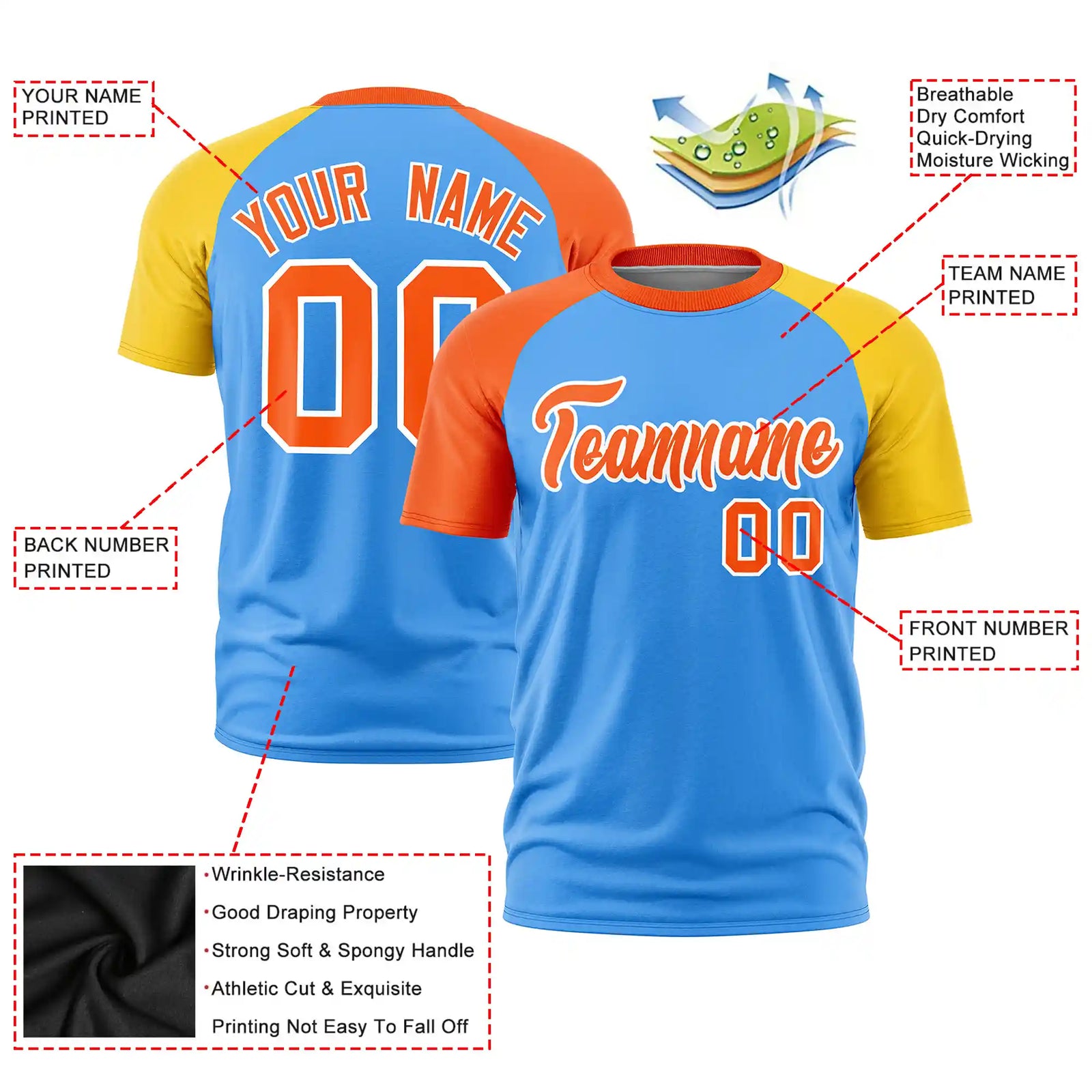 Custom Powder Blue Orange-Gold01 Crew Neck Two Tone Sleeve Design Performance T-Shirt