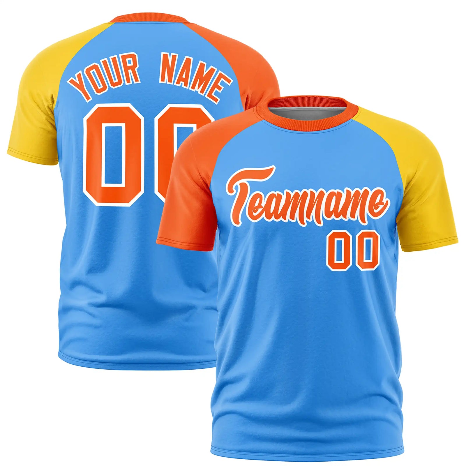 Custom Powder Blue Orange-Gold01 Crew Neck Two Tone Sleeve Design Performance T-Shirt