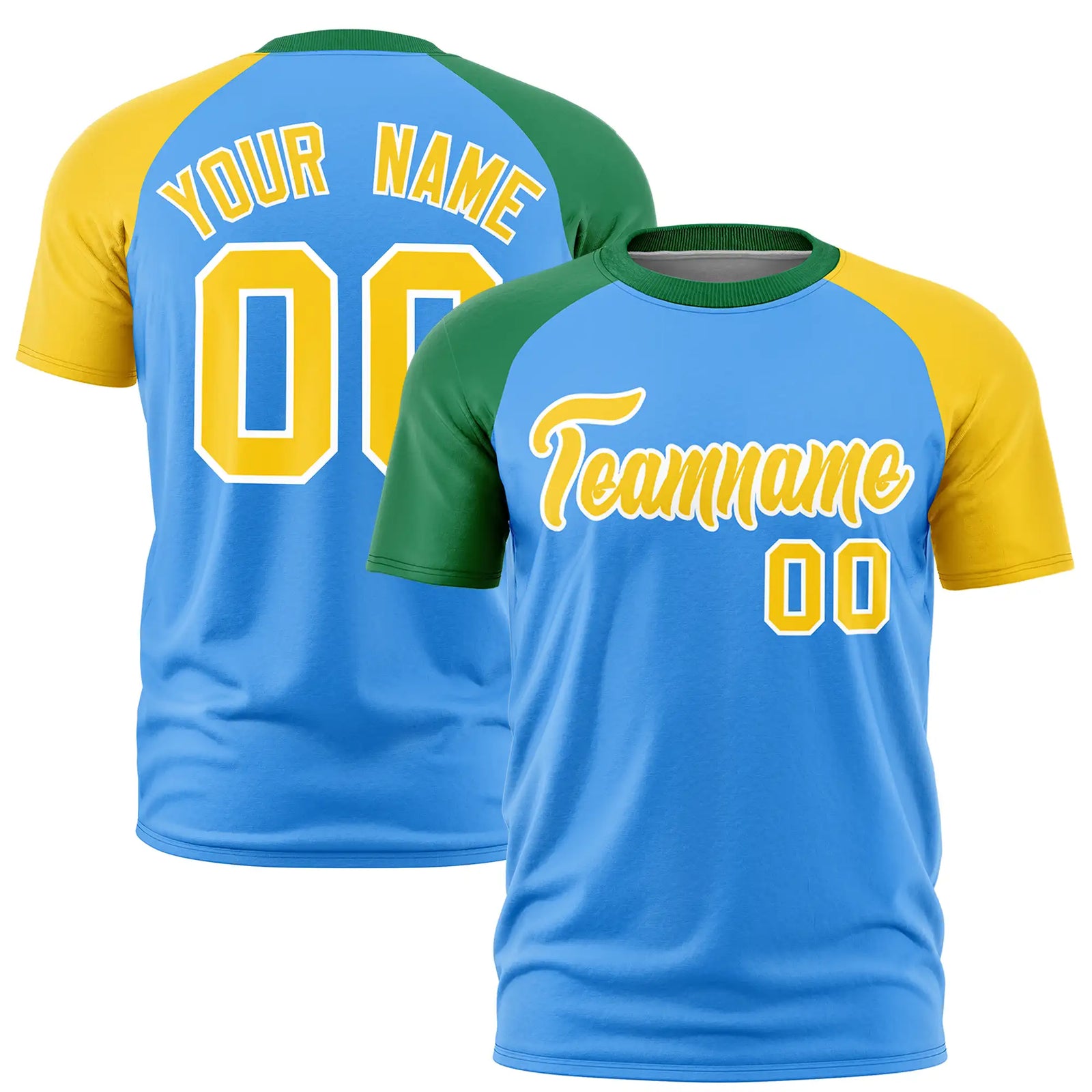 Custom Powder Blue Kelly Green-Gold01 Crew Neck Two Tone Sleeve Design Performance T-Shirt