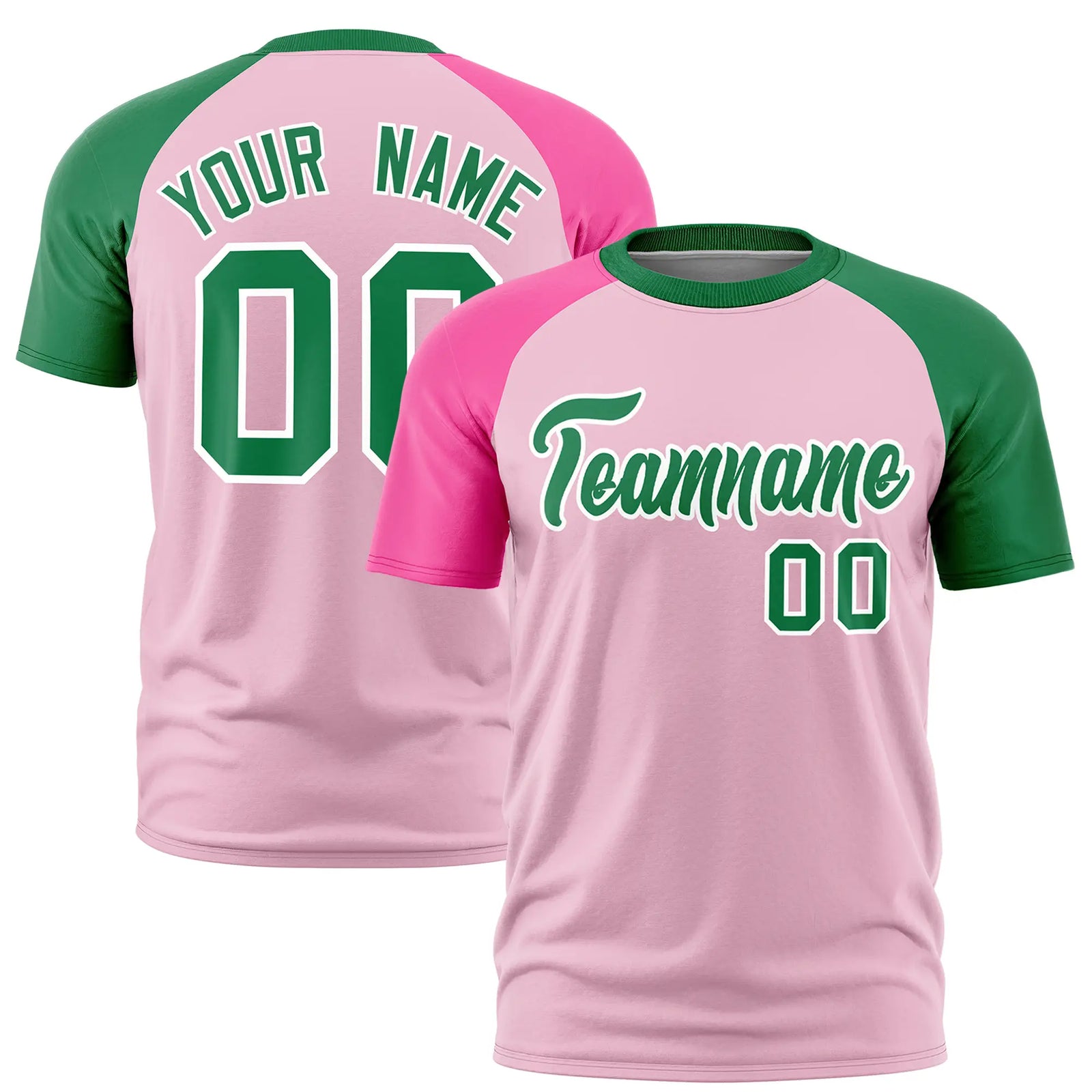 Custom Light Pink Pink-Kelly Green Crew Neck Two Tone Sleeve Design Performance T-Shirt
