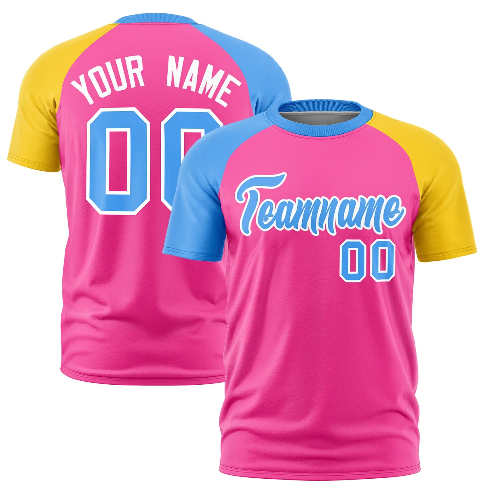 Custom Pink Powder Blue-Gold01 Crew Neck Two Tone Sleeve Design Performance T-Shirt