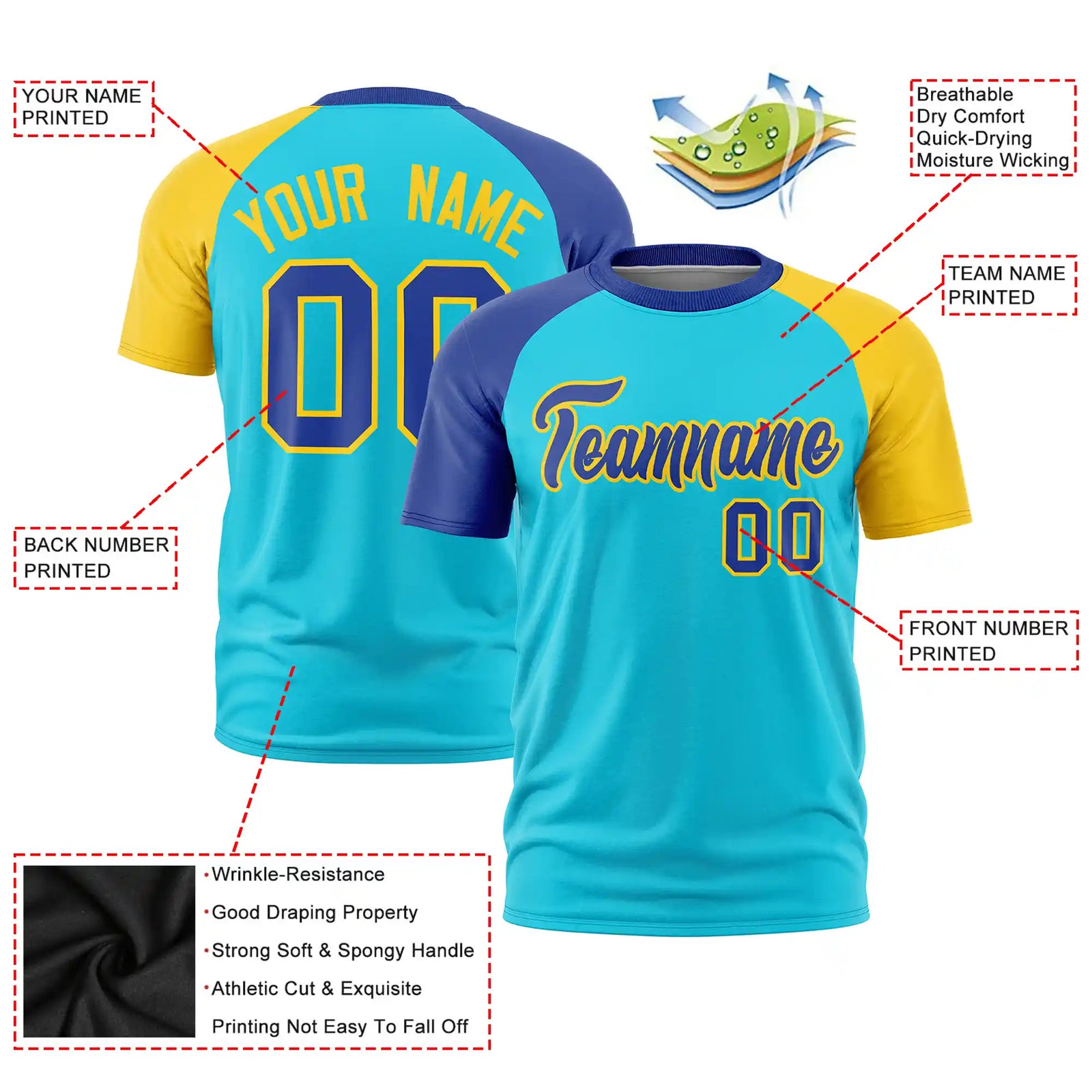 Custom Sky Blue Royal Blue-Gold01 Crew Neck Two Tone Sleeve Design Performance T-Shirt