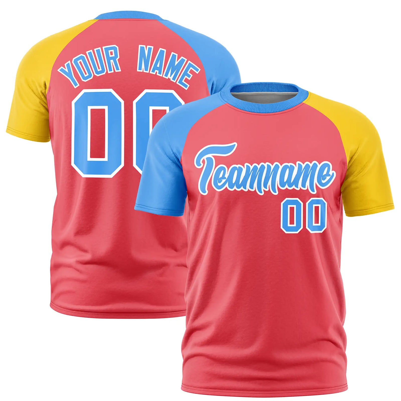 Custom Light Red Powder Blue-Gold01 Crew Neck Two Tone Sleeve Design Performance T-Shirt