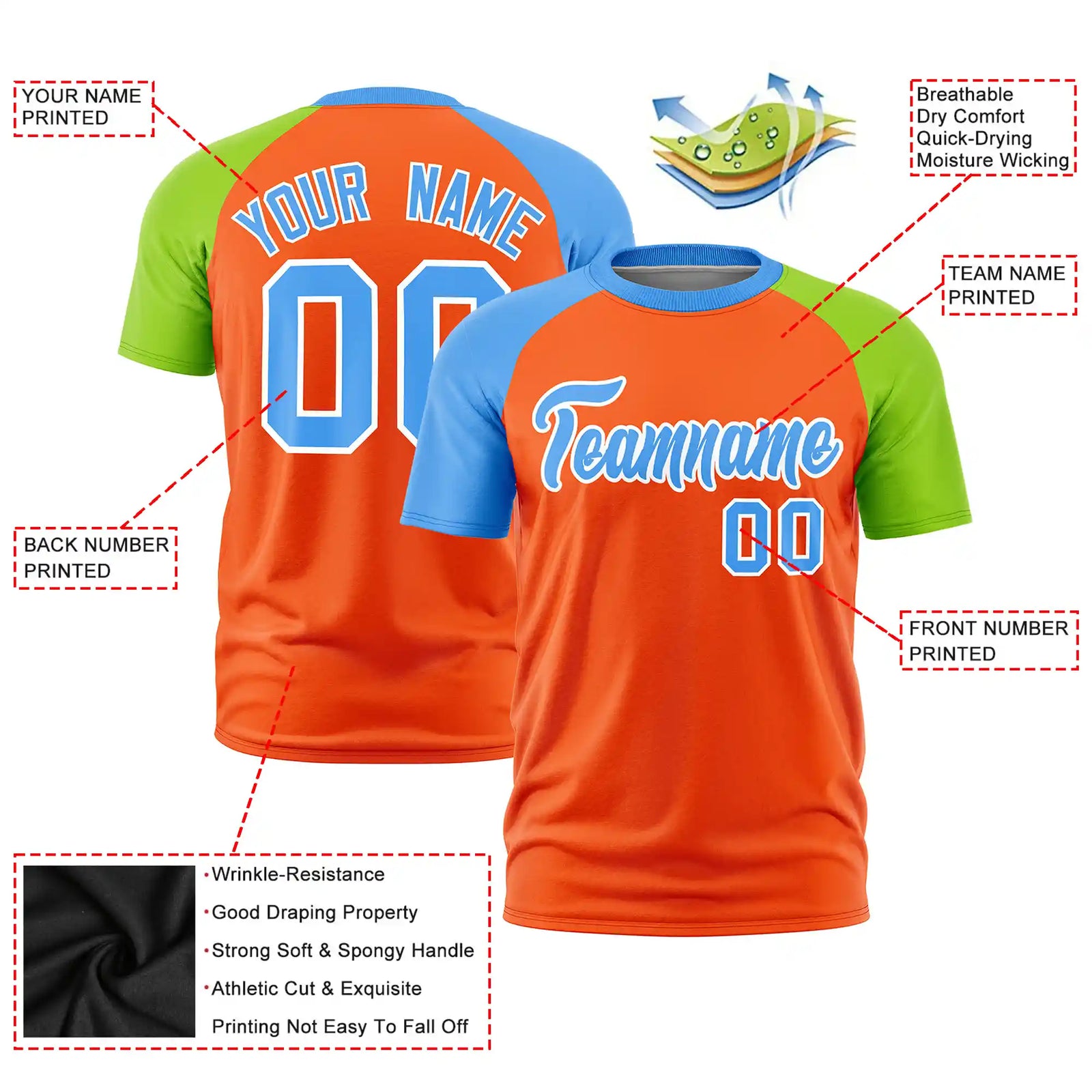 Custom Orange Powder Blue-Neon Green Crew Neck Two Tone Sleeve Design Performance T-Shirt