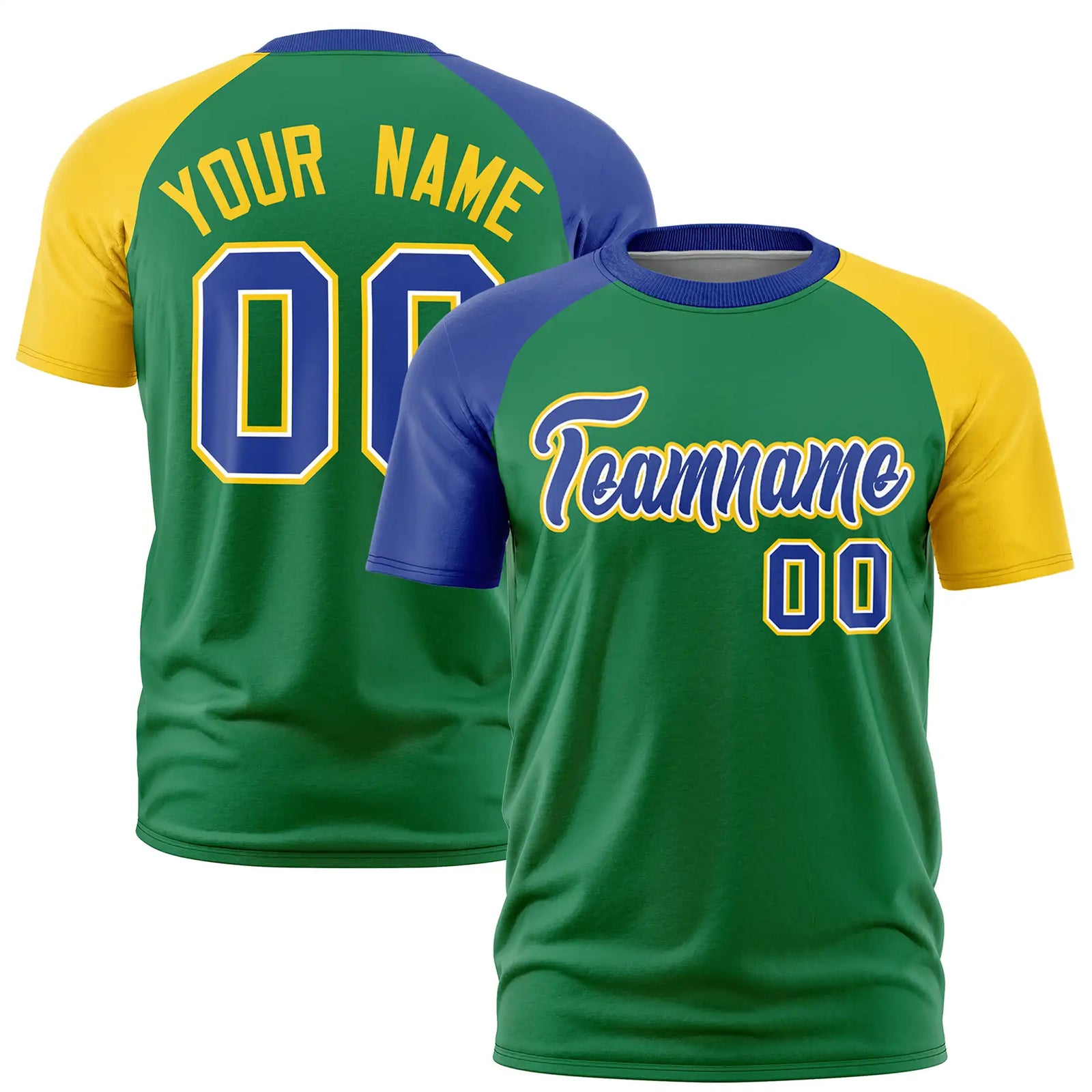 Custom Kelly Green Royal Blue-Gold01 Crew Neck Two Tone Sleeve Design Performance T-Shirt