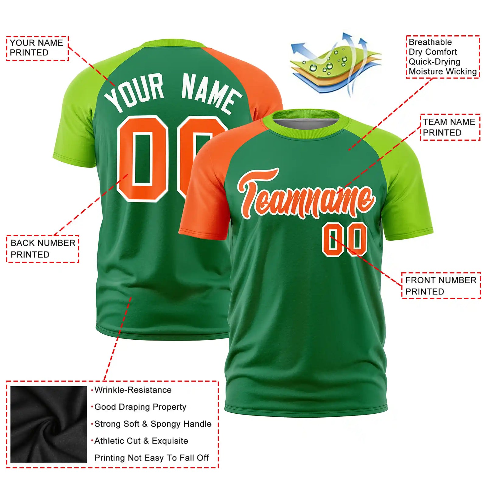 Custom Kelly Green Orange-Neon Green Crew Neck Two Tone Sleeve Design Performance T-Shirt
