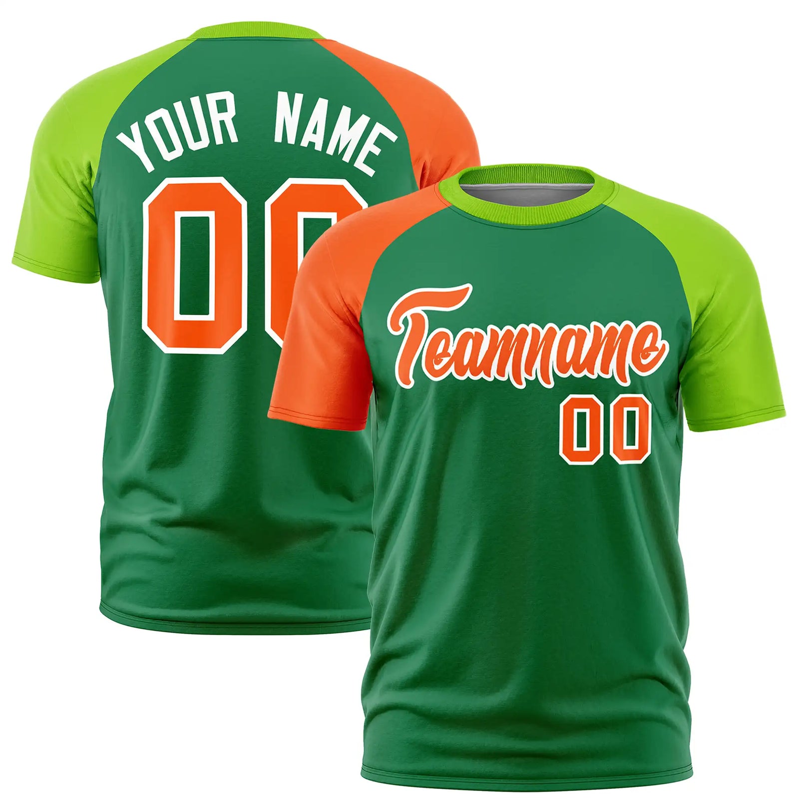 Custom Kelly Green Orange-Neon Green Crew Neck Two Tone Sleeve Design Performance T-Shirt