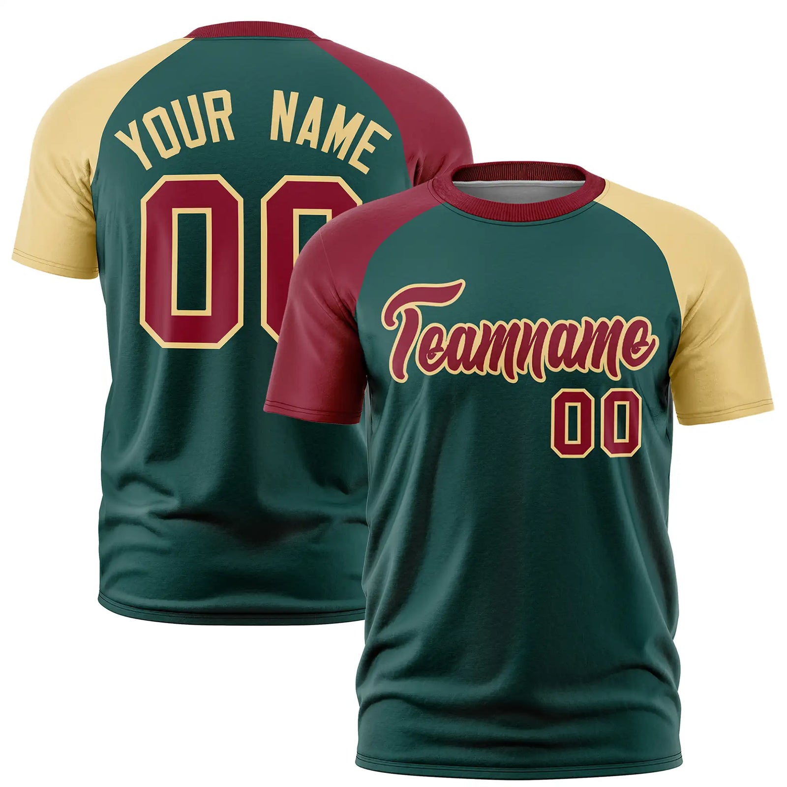 Custom Midnight Green Crimson-Khaki Crew Neck Two Tone Sleeve Design Performance T-Shirt