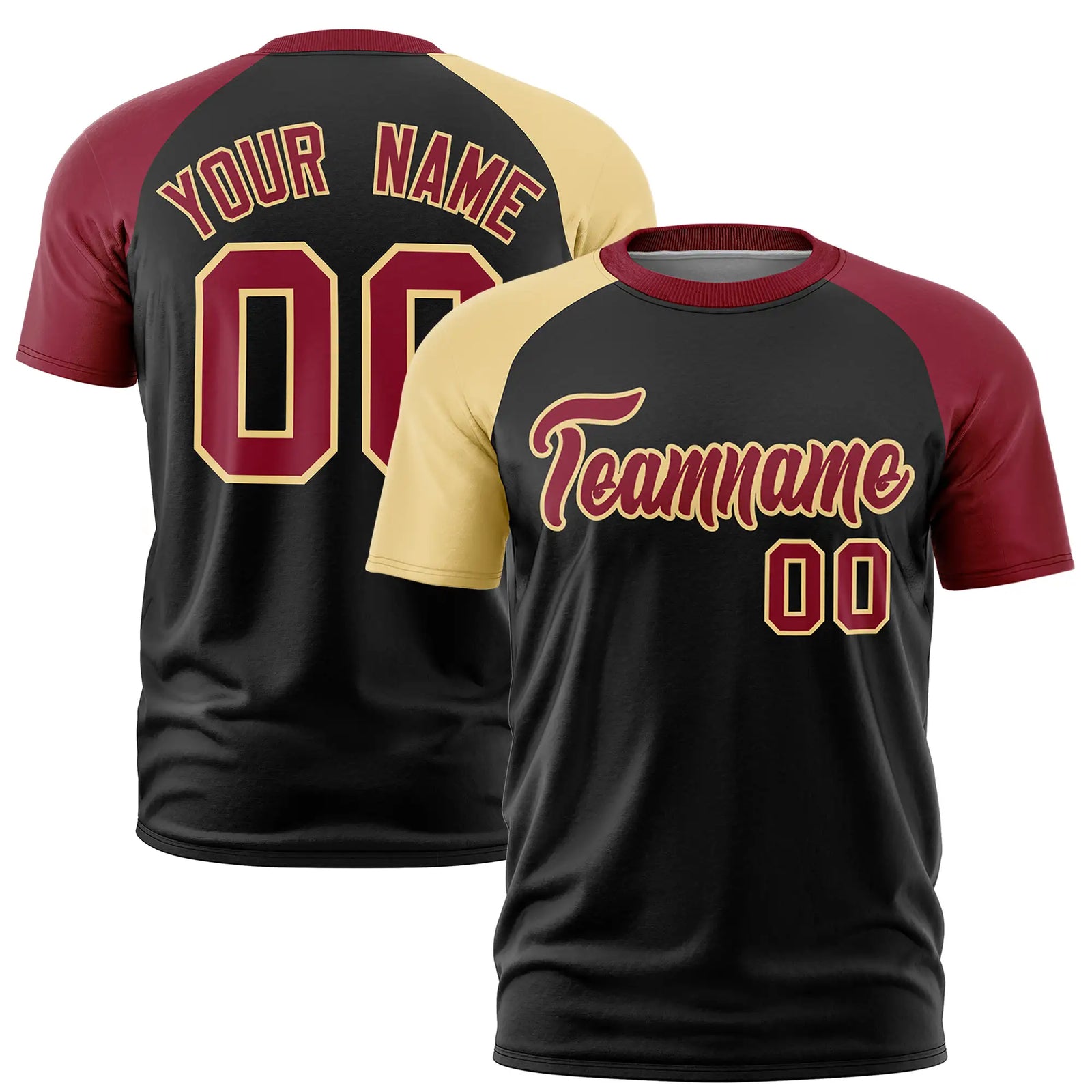 Custom Black Khaki-Crimson Crew Neck Two Tone Sleeve Design Performance T-Shirt