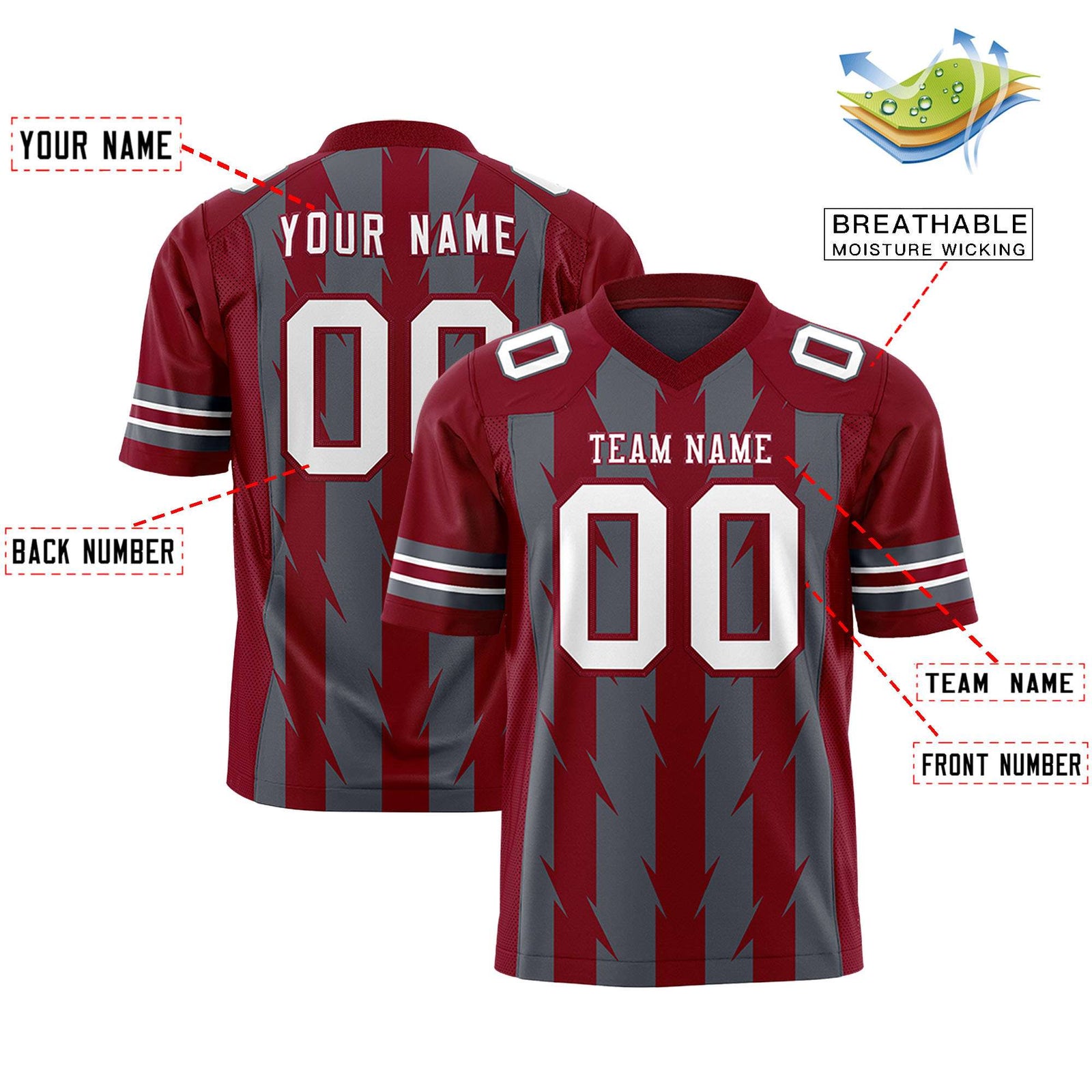Custom Dark Gray Crimson Personalized Razr Stripe Graffiti Pattern Flag Football Jersey