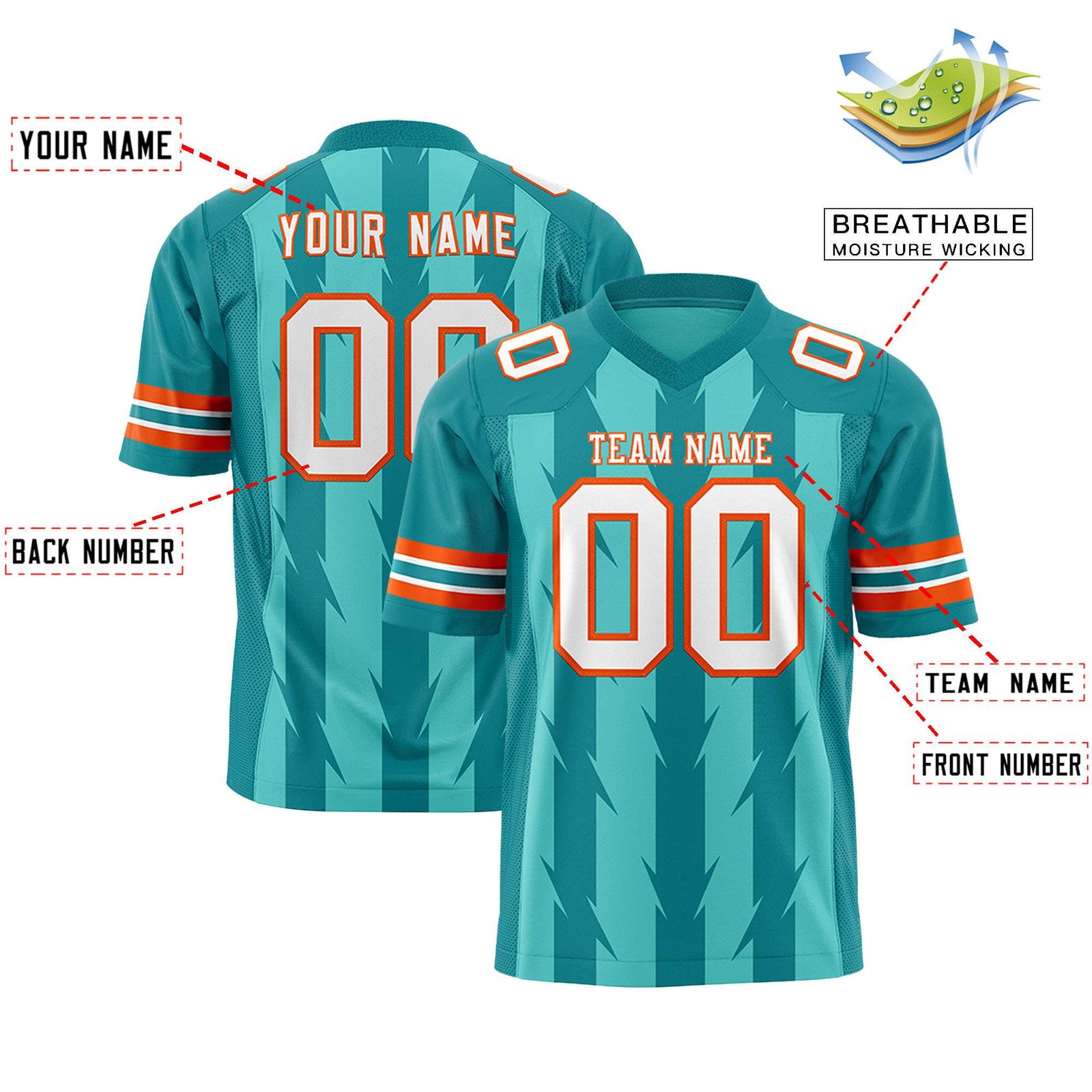 Custom Bright Green Aqua Personalized Razr Stripe Graffiti Pattern Flag Football Jersey