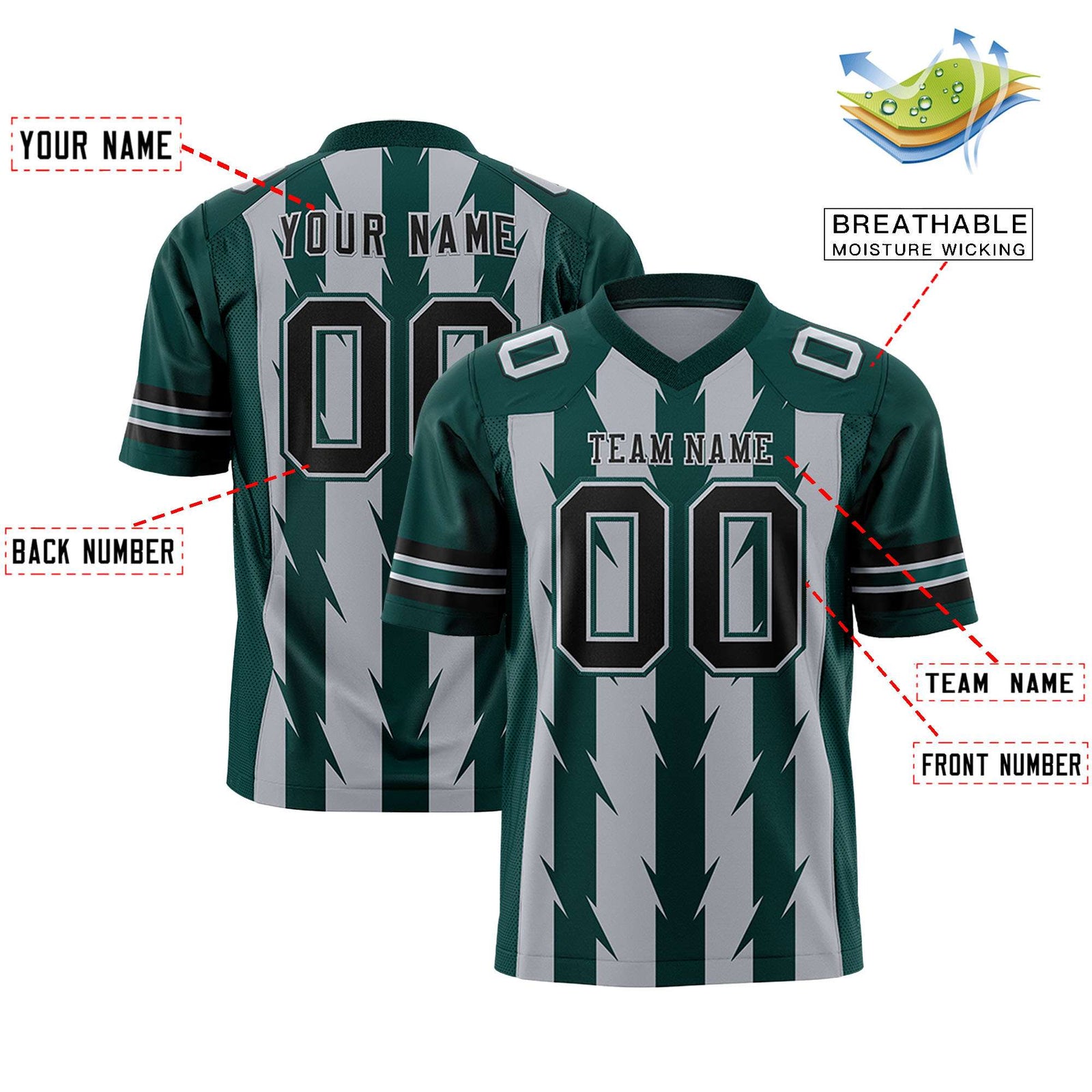 Custom Gray Midnight Green Personalized Razr Stripe Graffiti Pattern Flag Football Jersey