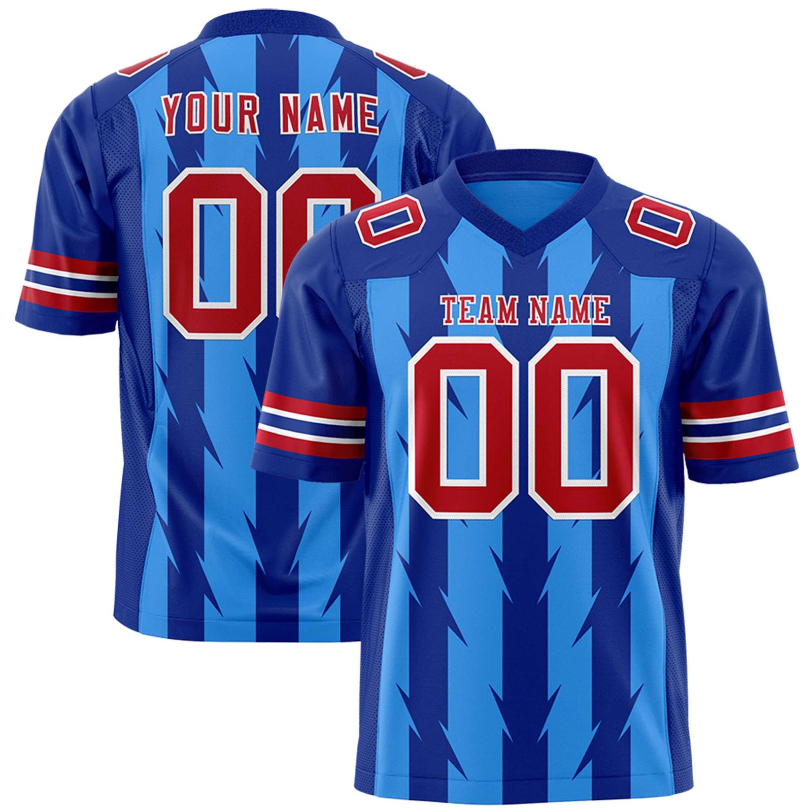 Custom Powder Blue Royal Personalized Razr Stripe Graffiti Pattern Flag Football Jersey