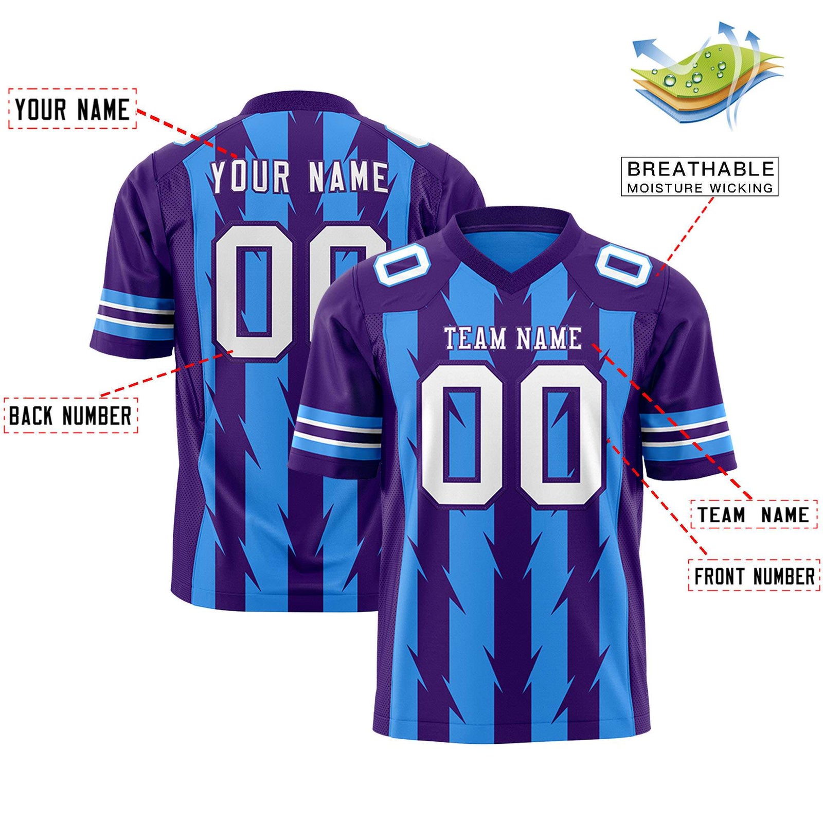Custom Powder Blue Purple Personalized Razr Stripe Graffiti Pattern Flag Football Jersey