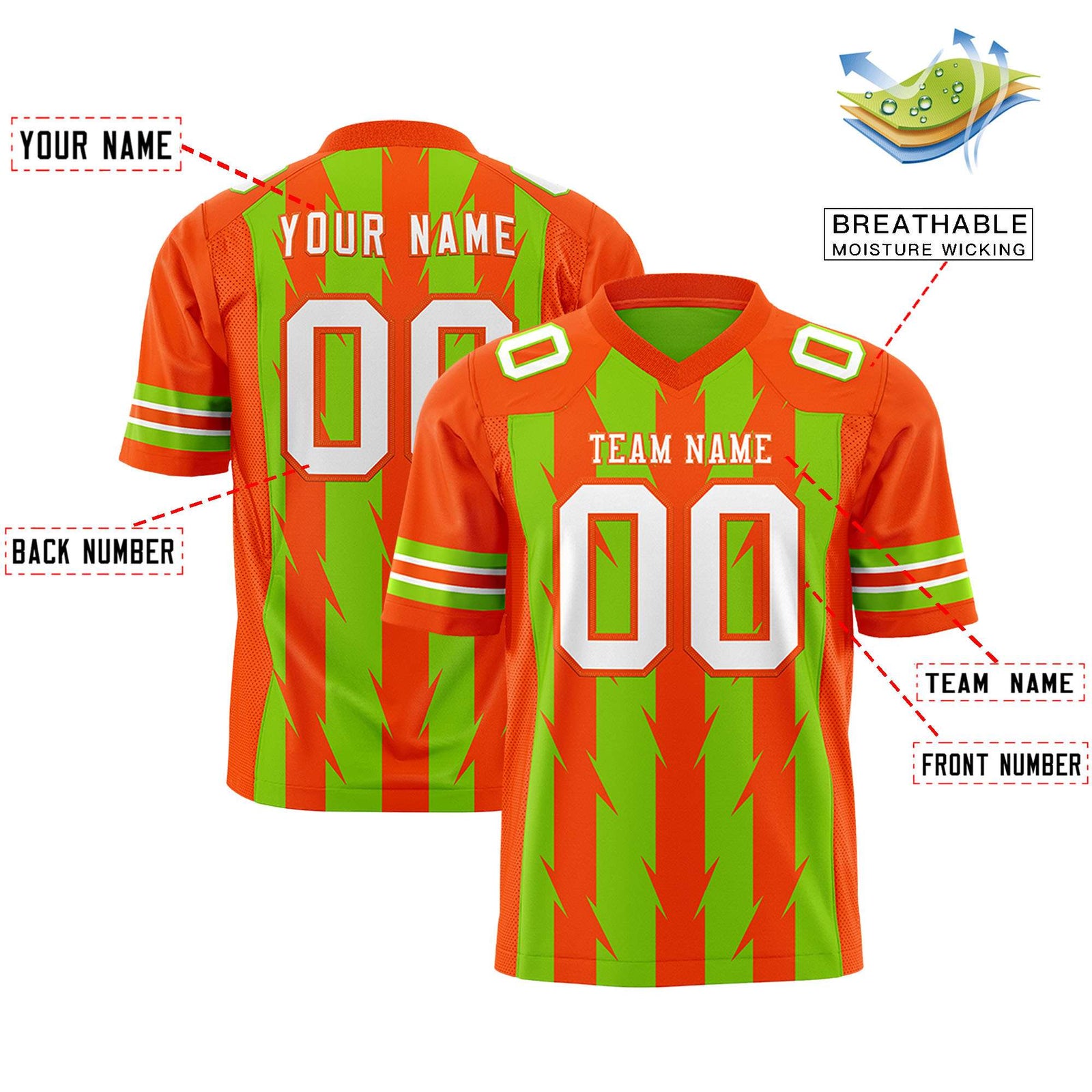 Custom Neon Green Orange Personalized Razr Stripe Graffiti Pattern Flag Football Jersey