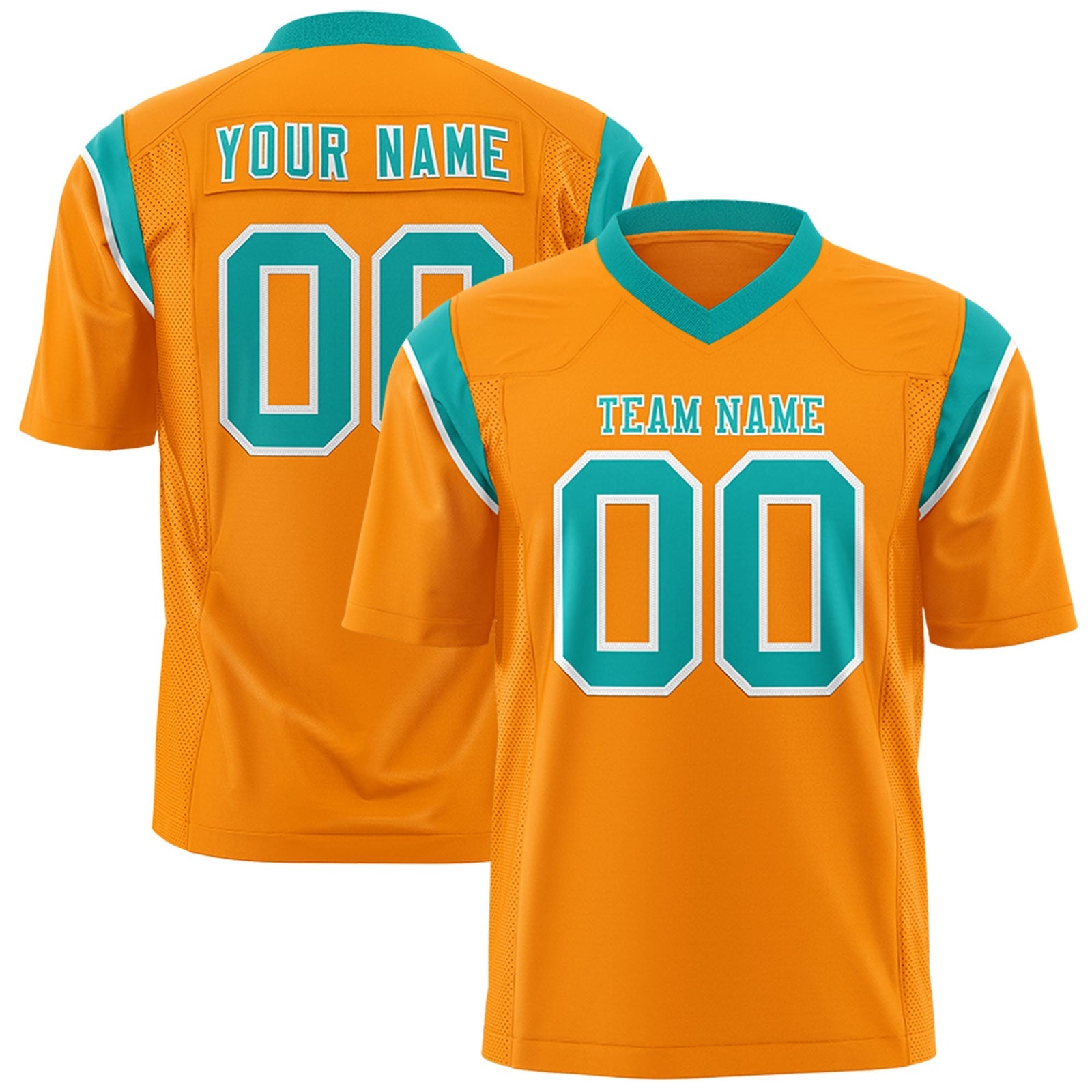 Custom Gold Orange Bright Green Personalized Shoulder Cut Two-Tone Flag Football Jersey