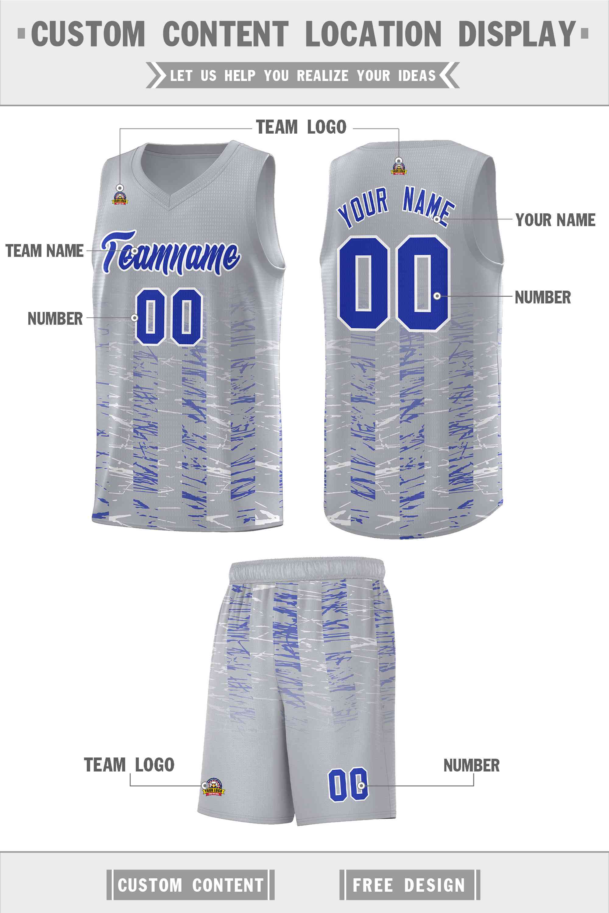 Custom Gray Royal Personalized Scratches Pattern Sports Uniform Basketball Jersey