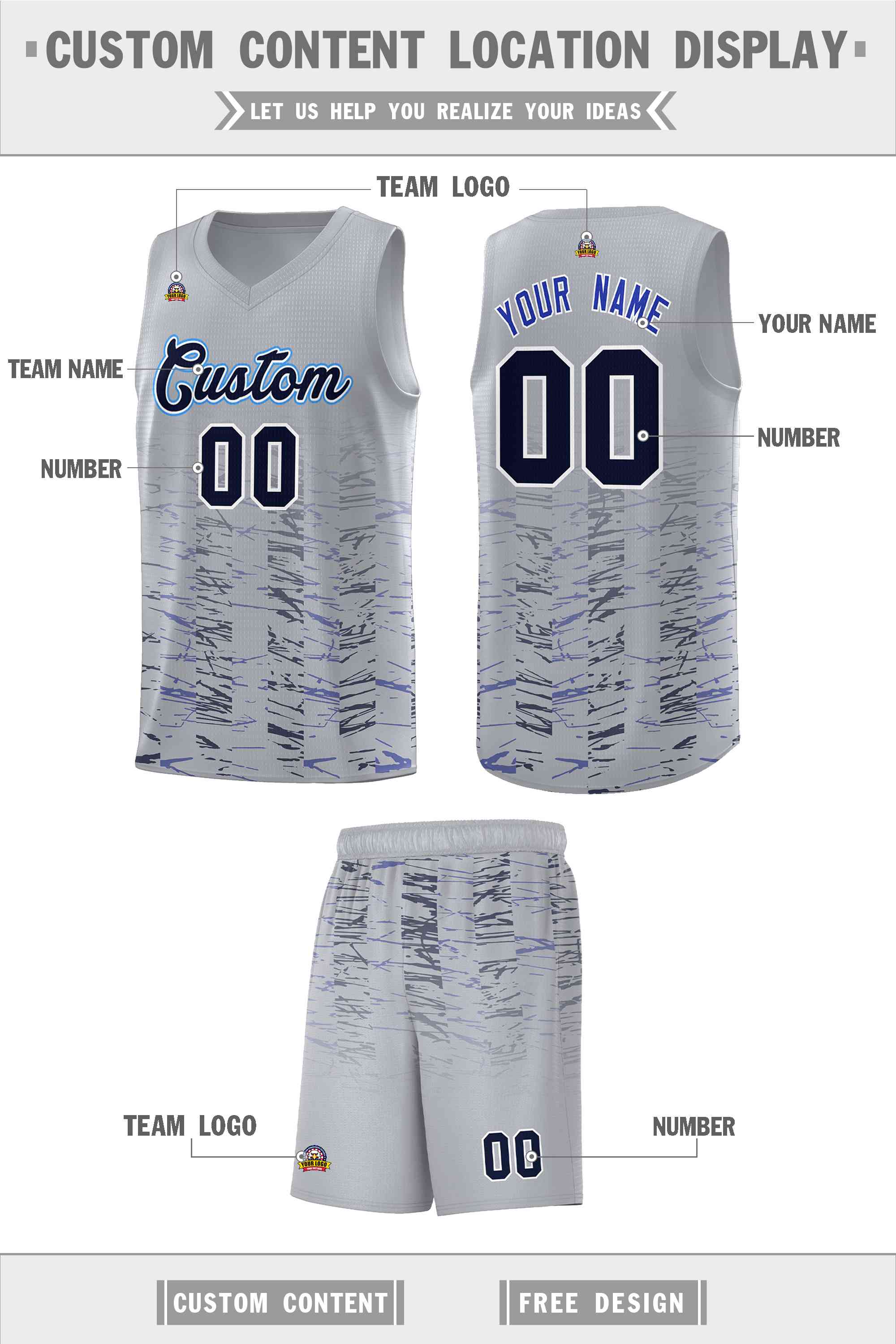 Custom Gray Navy Personalized Scratches Pattern Sports Uniform Basketball Jersey