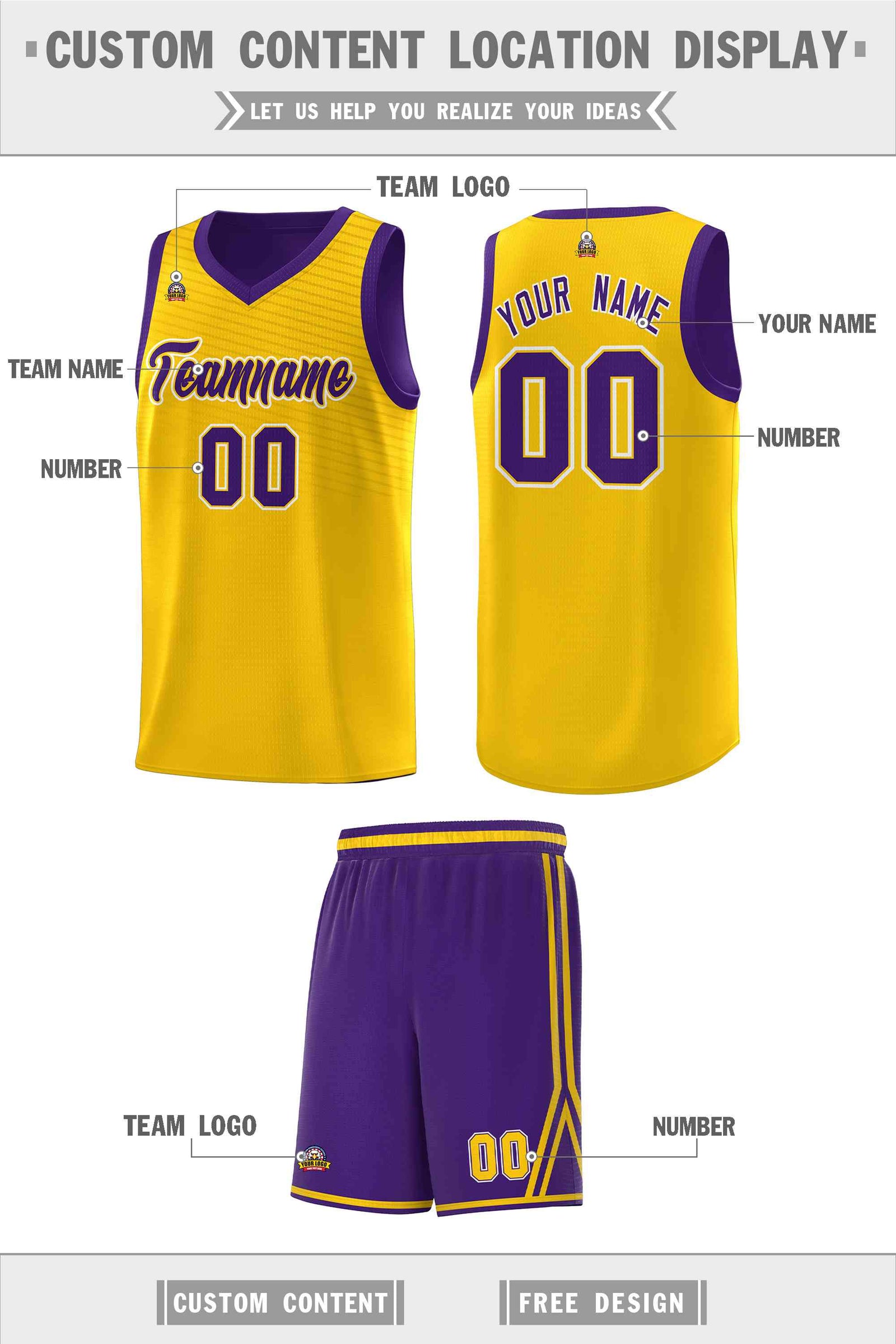 Custom Gold Purple Chest Slash Patttern Sports Uniform Basketball Jersey