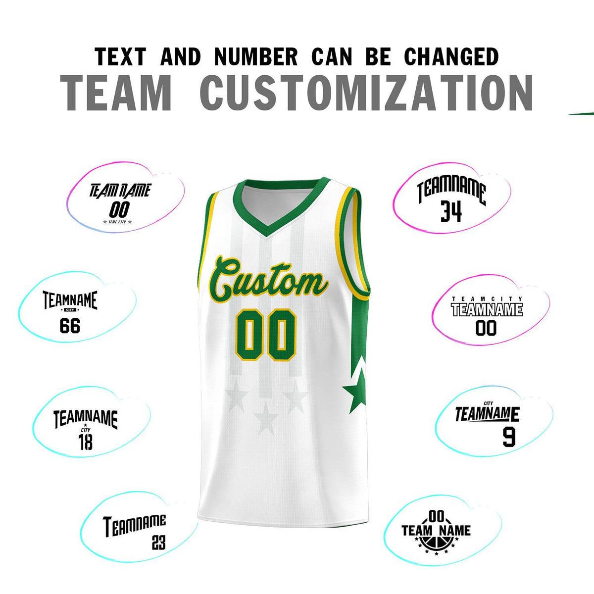 Custom White Kelly Green and Gold Gradient Star Graffiti Pattern Sports Uniform Basketball Jersey