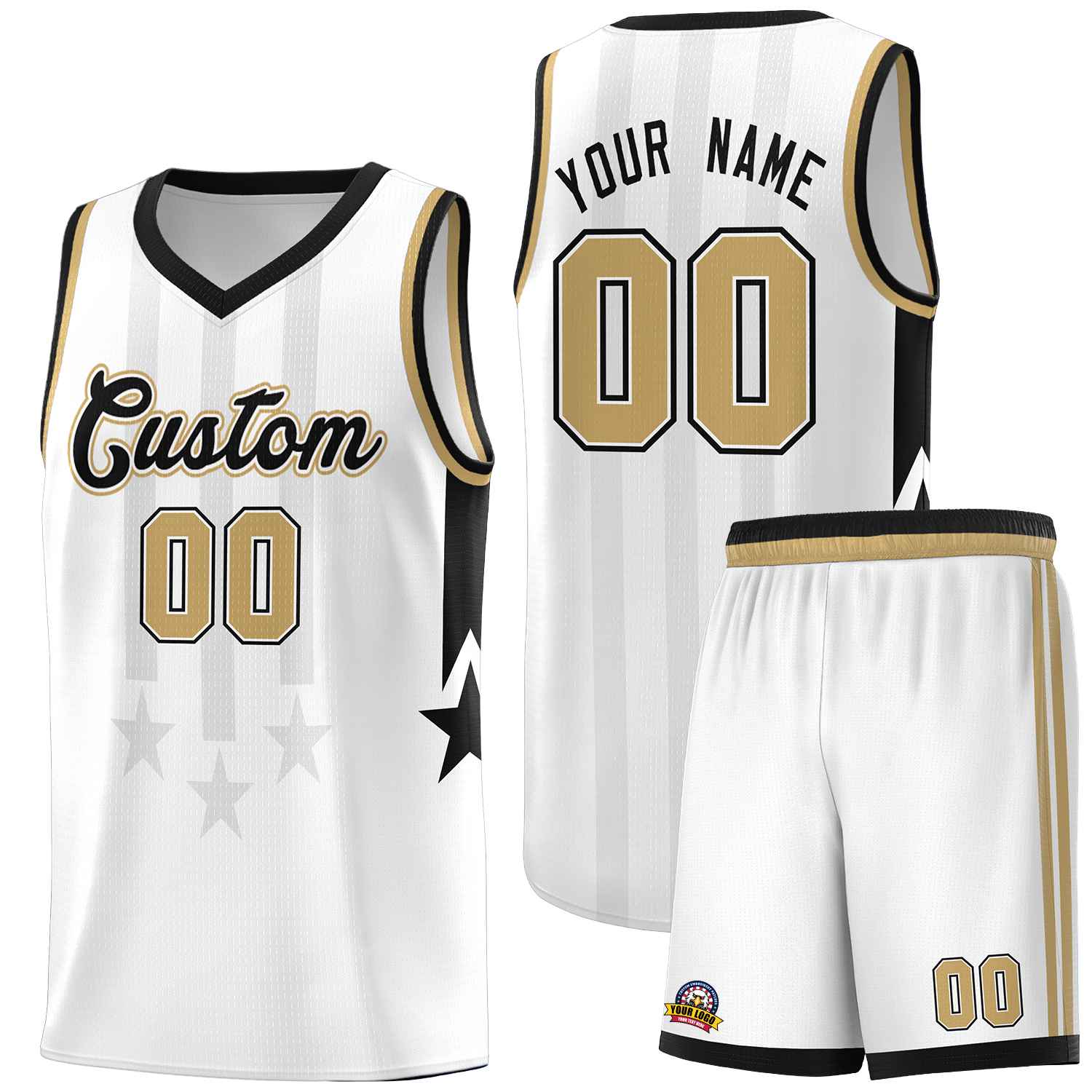 Custom White Black and Old Gold Gradient Star Graffiti Pattern Sports Uniform Basketball Jersey