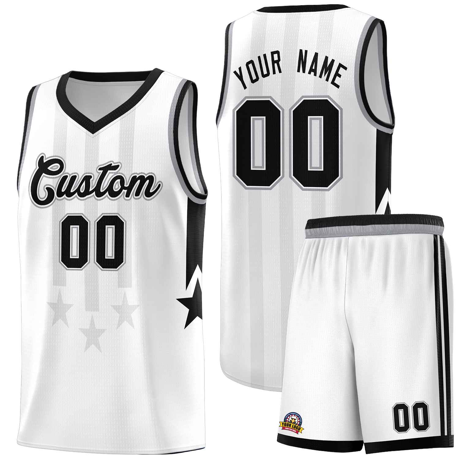 Custom White Black and Gray Gradient Star Graffiti Pattern Sports Uniform Basketball Jersey