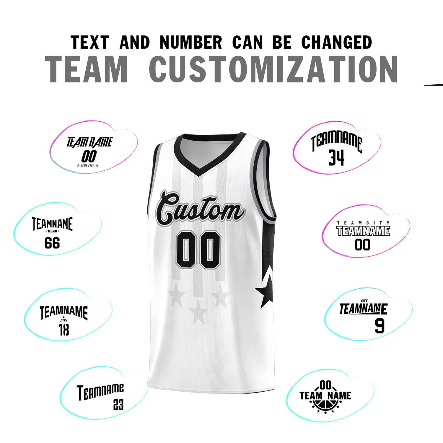 Custom White Black and Gray Gradient Star Graffiti Pattern Sports Uniform Basketball Jersey