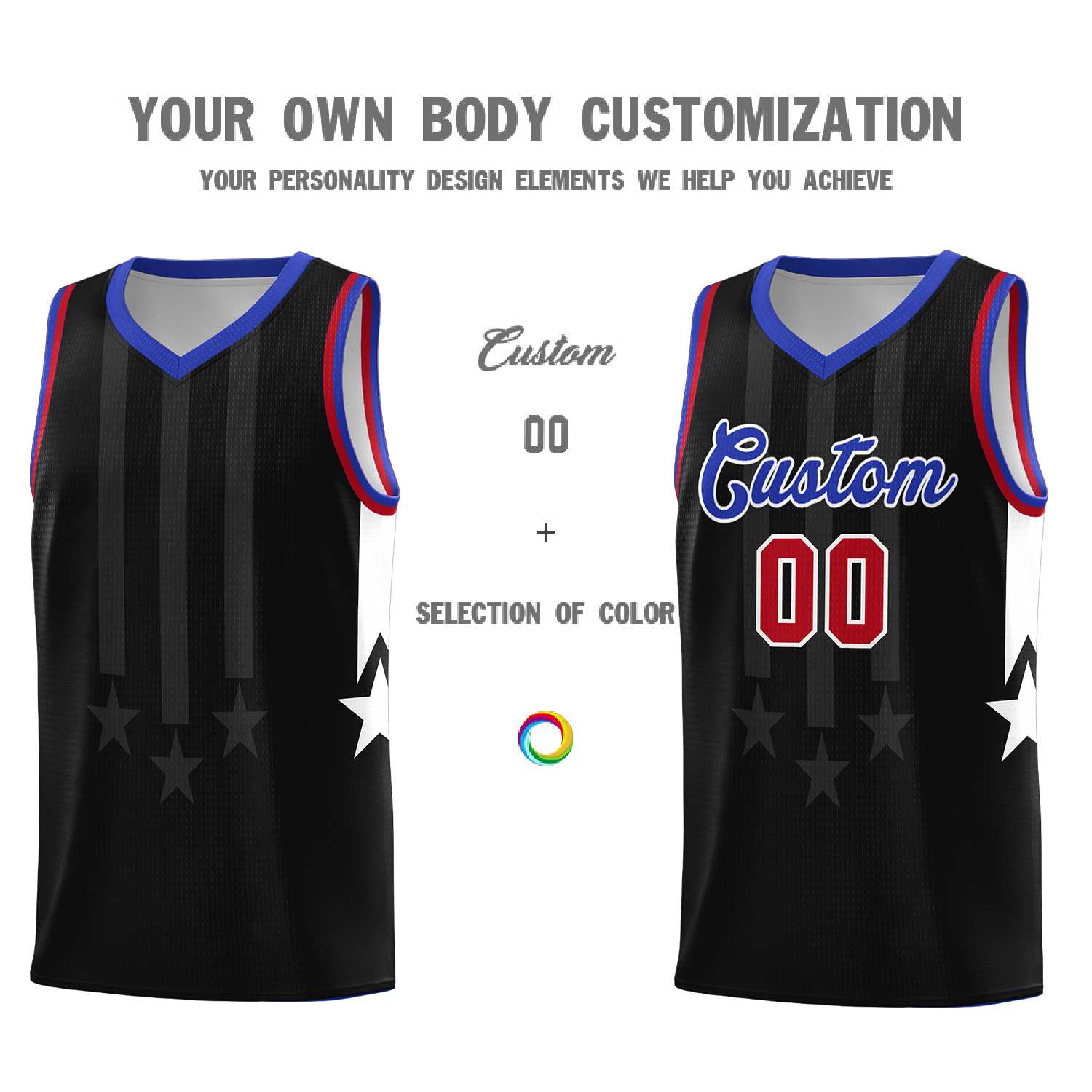 Custom Black Royal and Red Gradient Star Graffiti Pattern Sports Uniform Basketball Jersey
