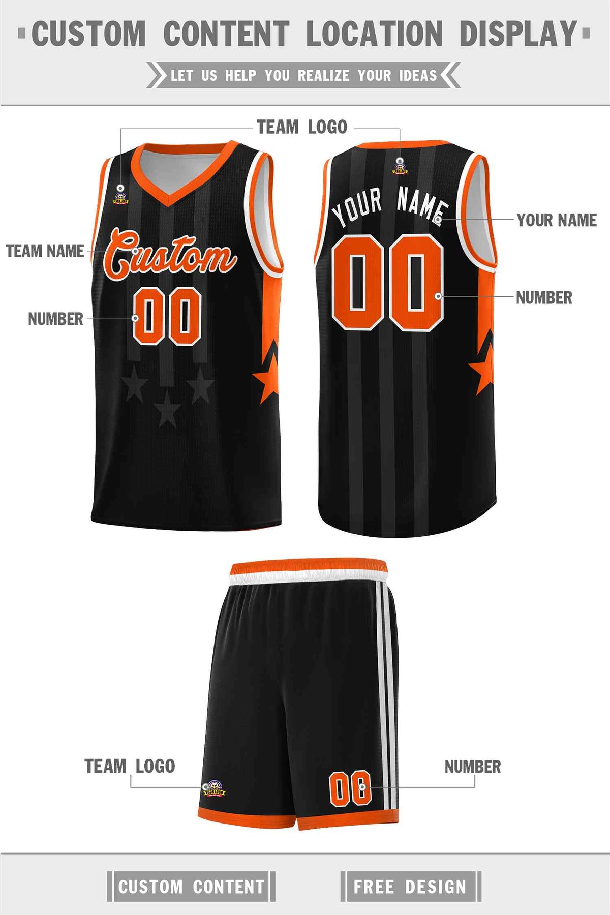 Custom Black Orange and White Gradient Star Graffiti Pattern Sports Uniform Basketball Jersey