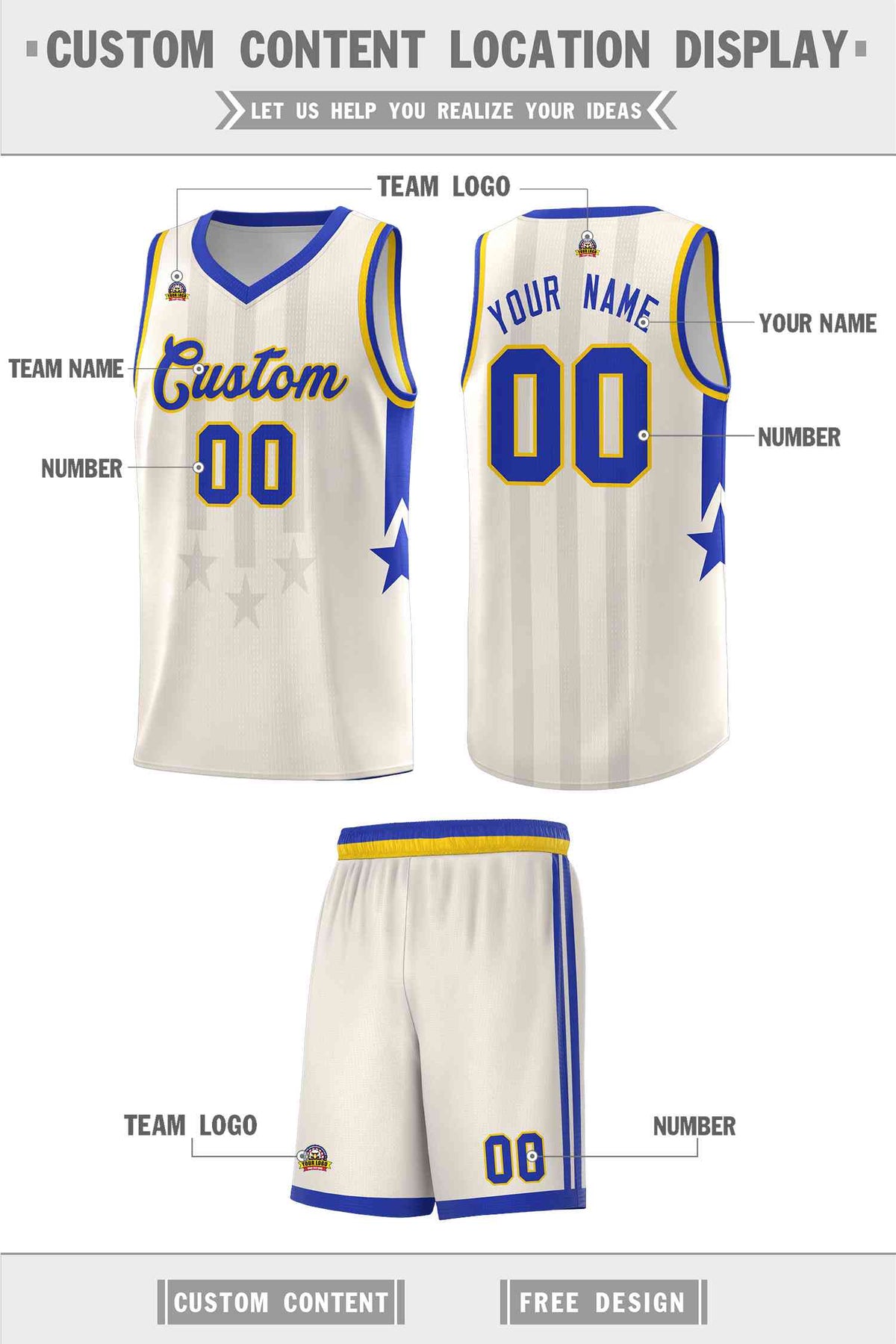 Custom Cream Royal and Gold Gradient Star Graffiti Pattern Sports Uniform Basketball Jersey