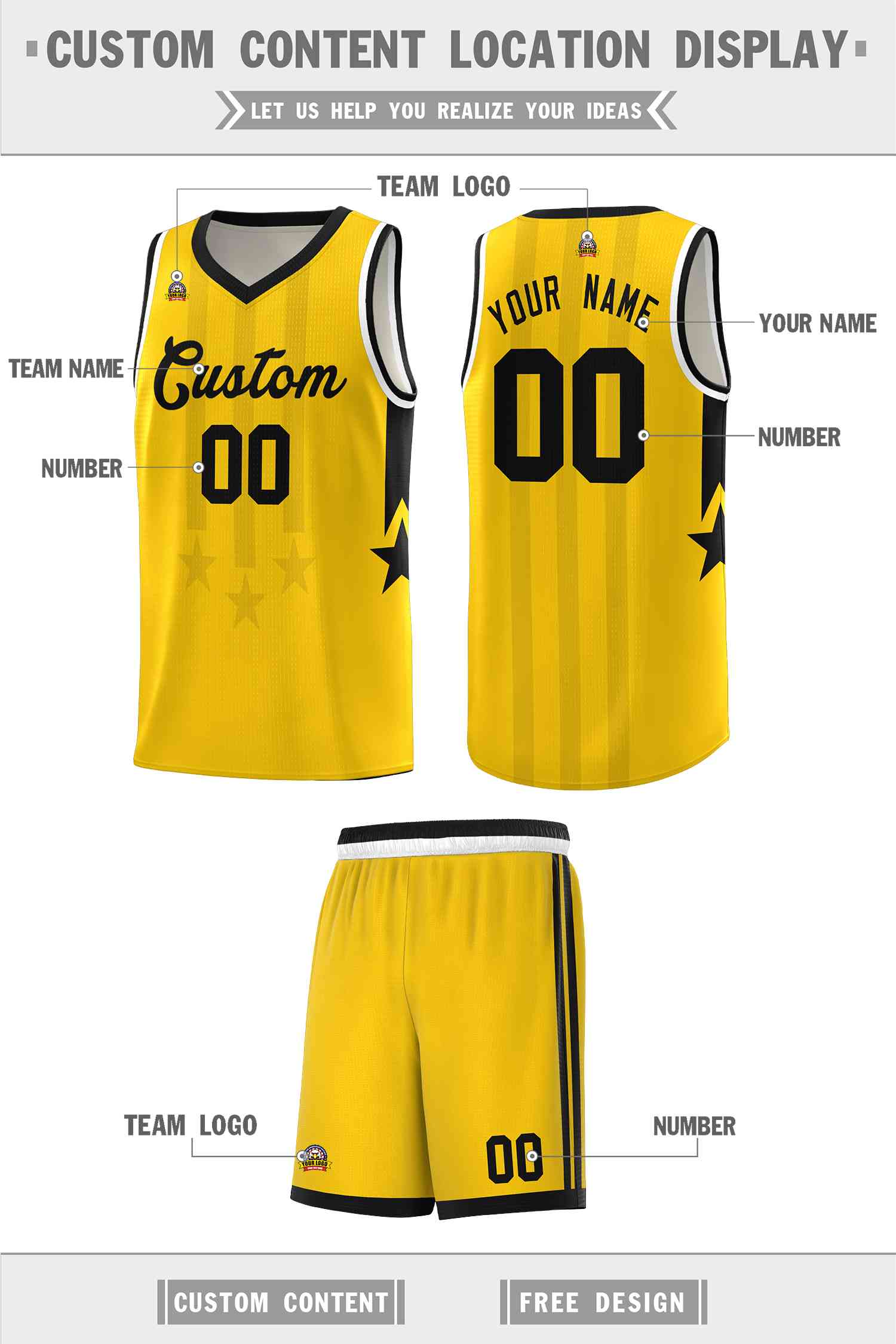 Custom Gold Black and White Gradient Star Graffiti Pattern Sports Uniform Basketball Jersey