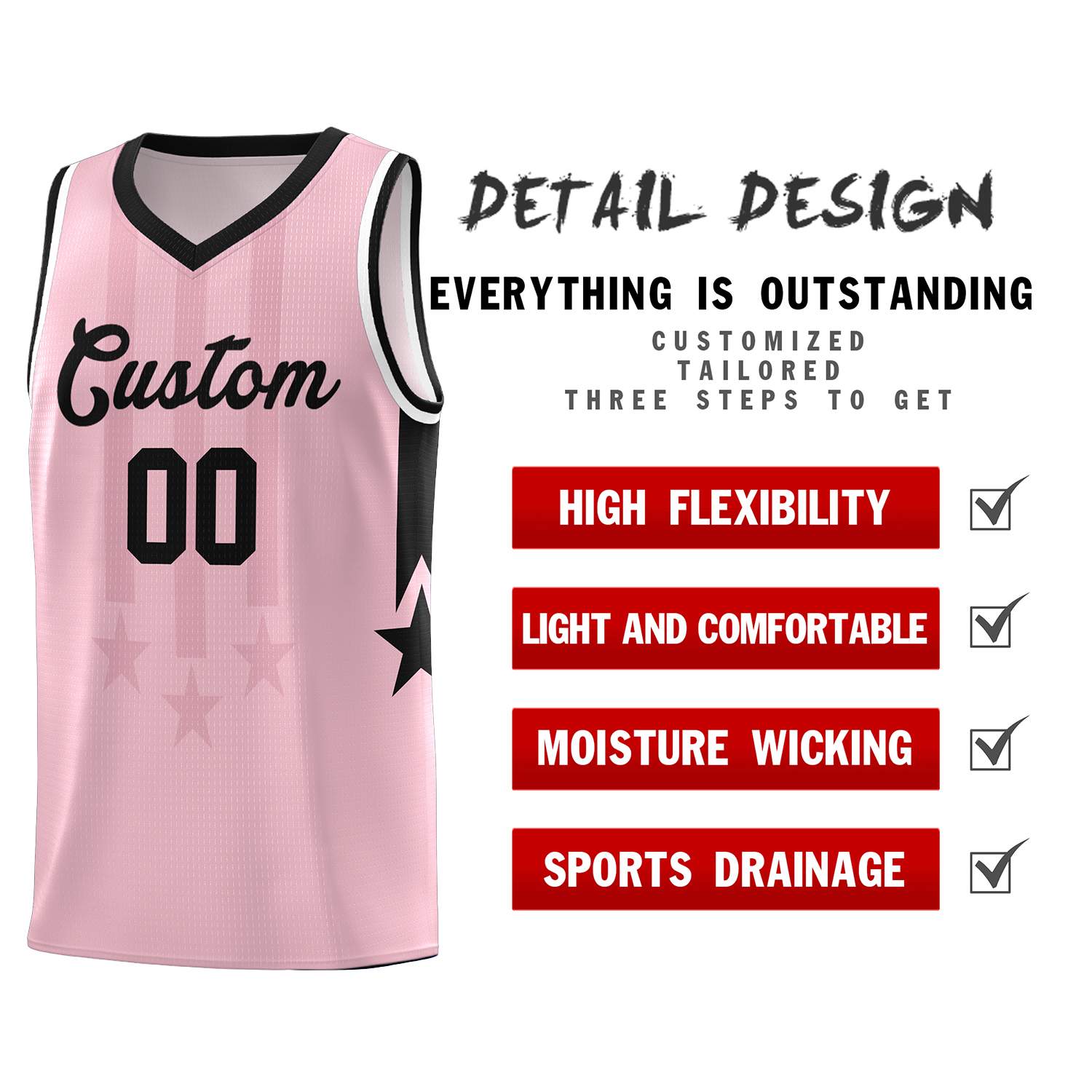 Custom Light Pink Black and White Gradient Star Graffiti Pattern Sports Uniform Basketball Jersey