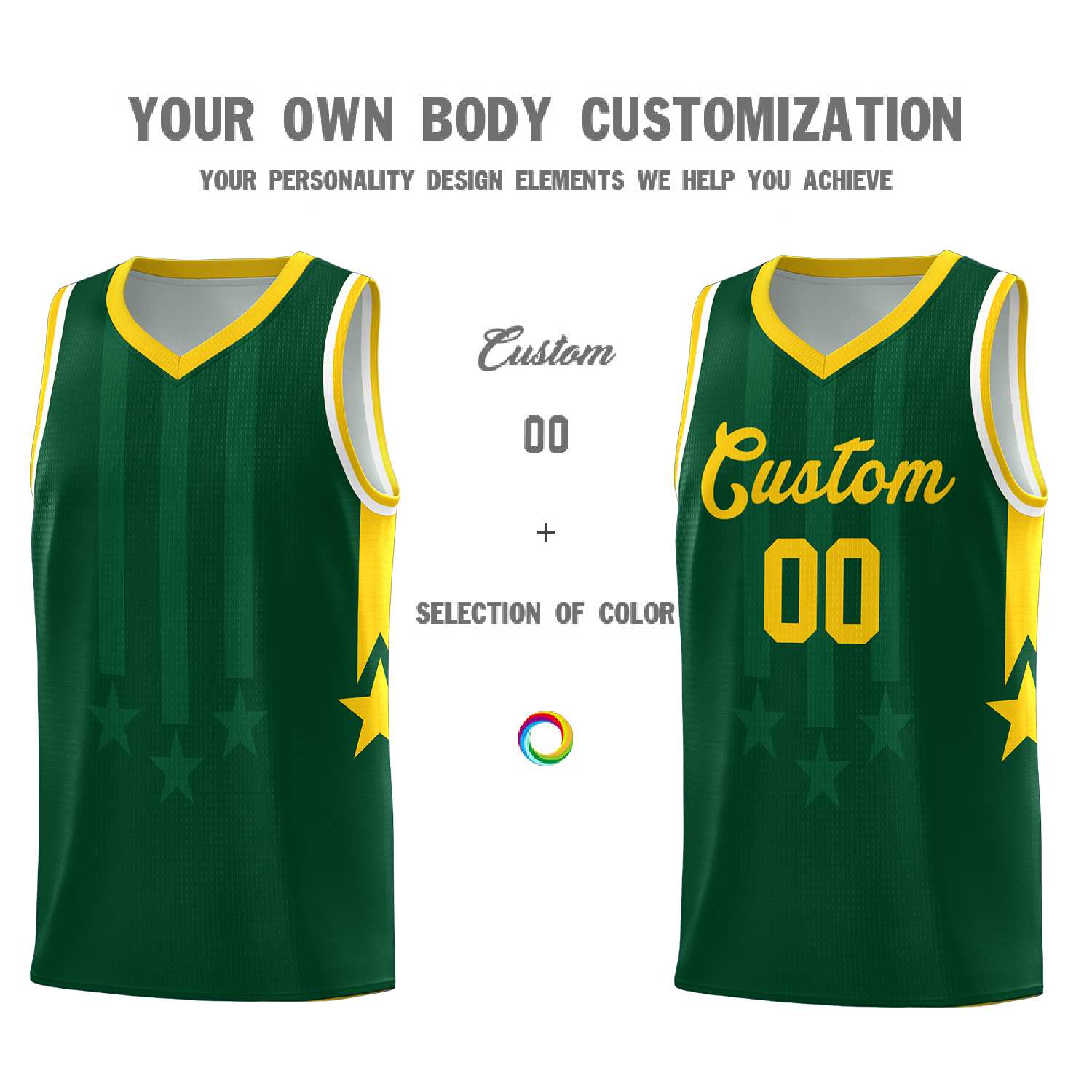 Custom Green Gold and White Gradient Star Graffiti Pattern Sports Uniform Basketball Jersey
