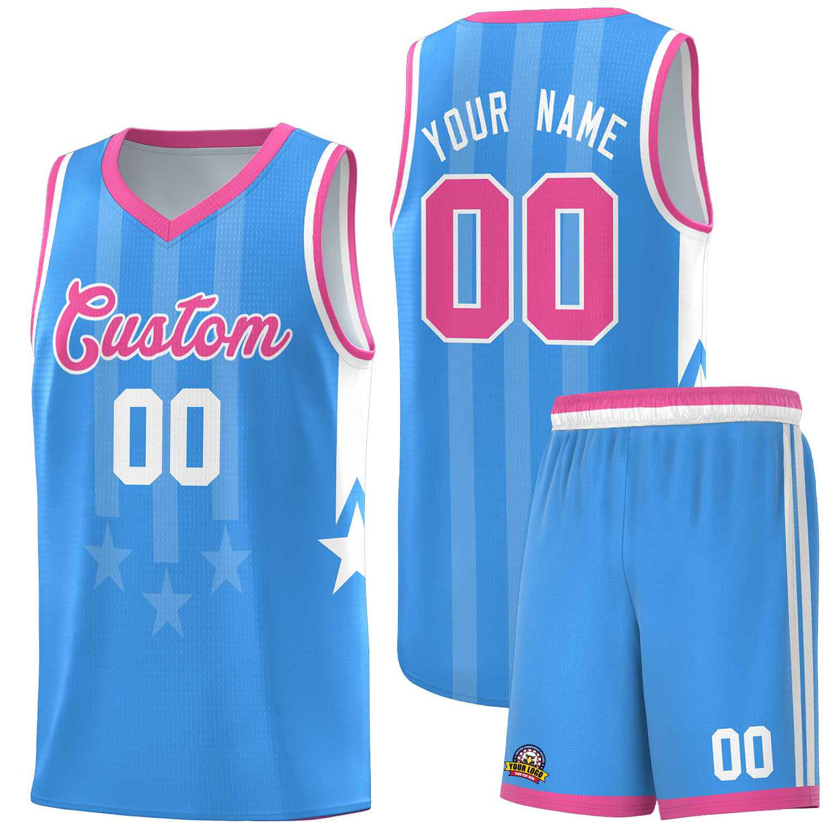 Custom Powder Blue Pink and White Gradient Star Graffiti Pattern Sports Uniform Basketball Jersey