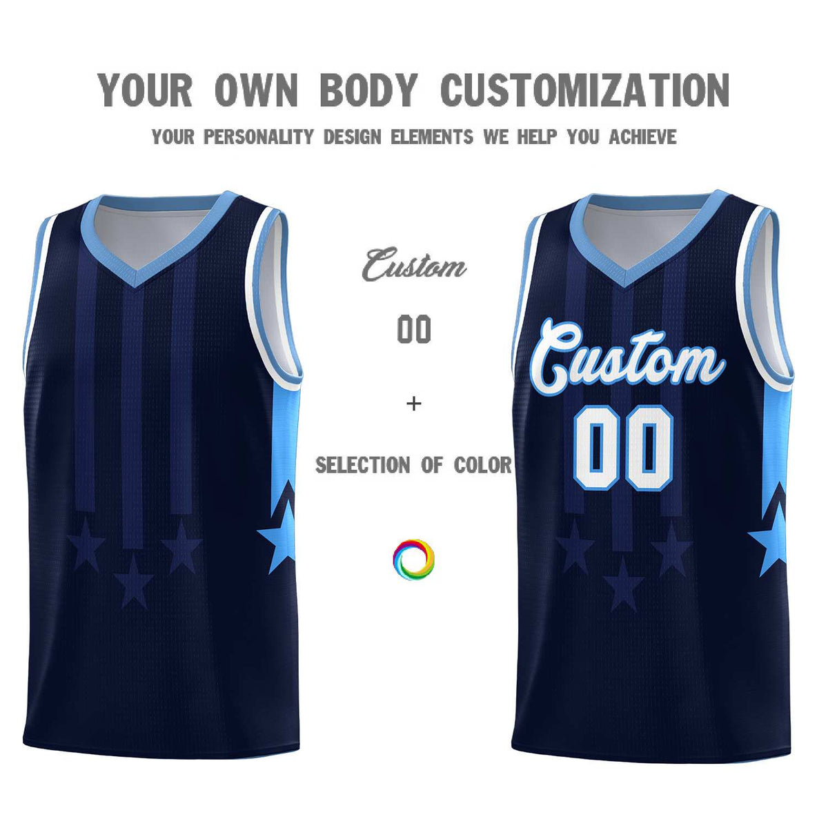 Custom Navy Light Blue and White Gradient Star Graffiti Pattern Sports Uniform Basketball Jersey
