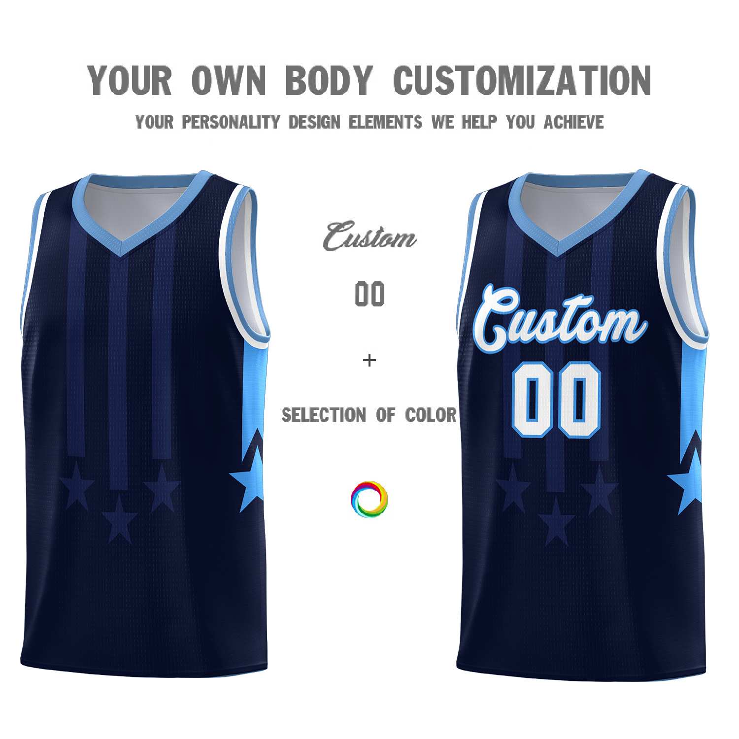 Custom Navy Light Blue and White Gradient Star Graffiti Pattern Sports Uniform Basketball Jersey
