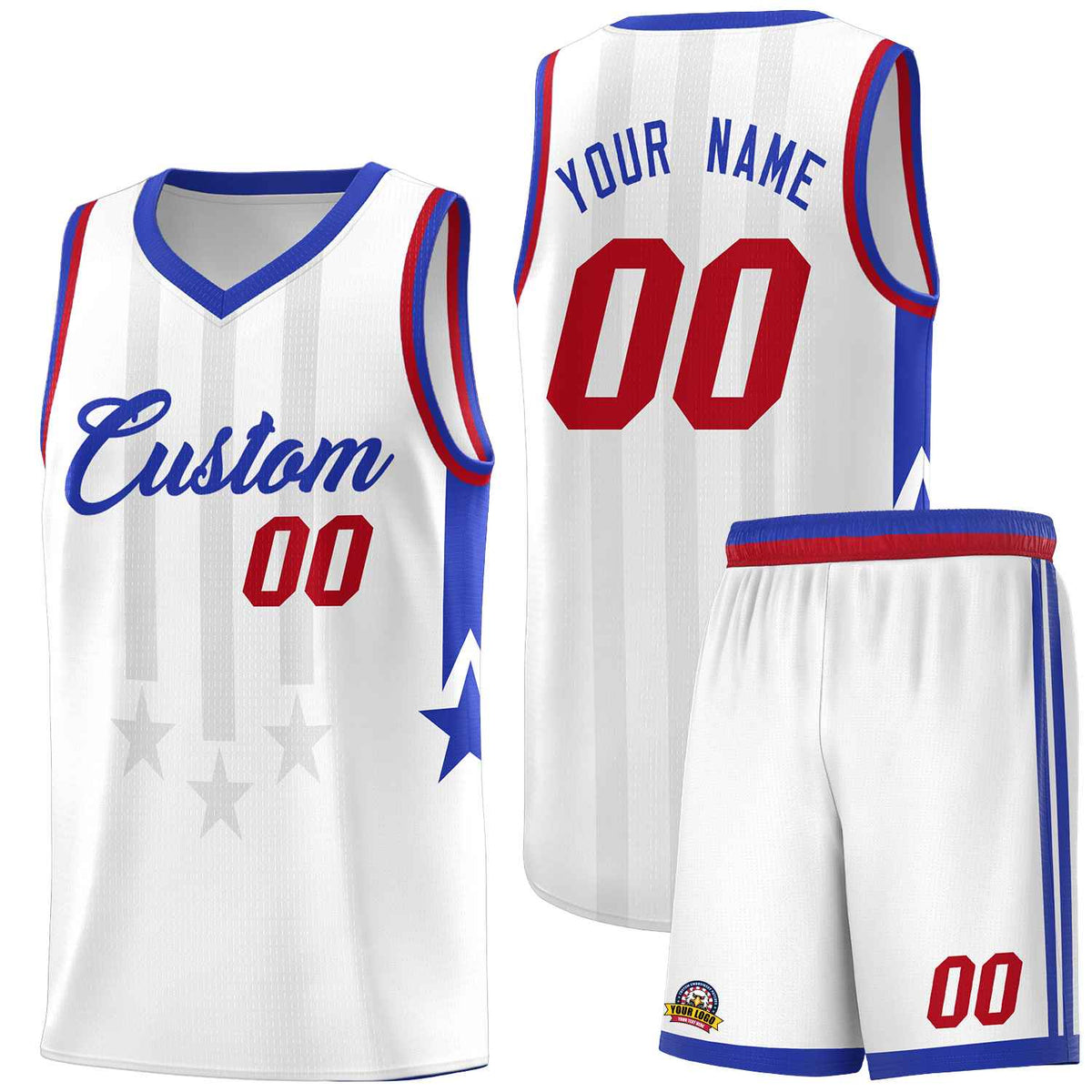 Custom White Royal and Red Gradient Star Graffiti Pattern Sports Uniform Basketball Jersey