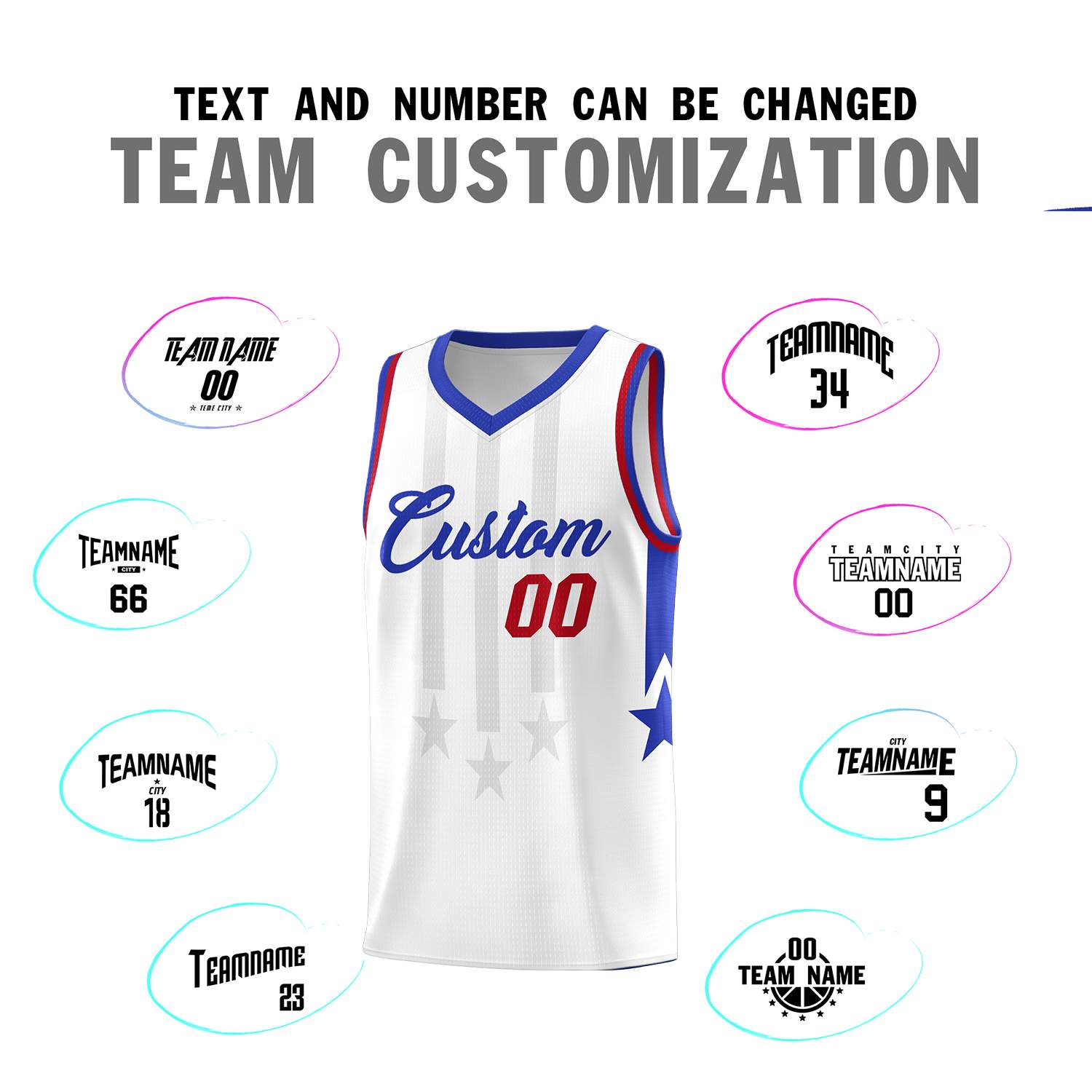 Custom White Royal and Red Gradient Star Graffiti Pattern Sports Uniform Basketball Jersey